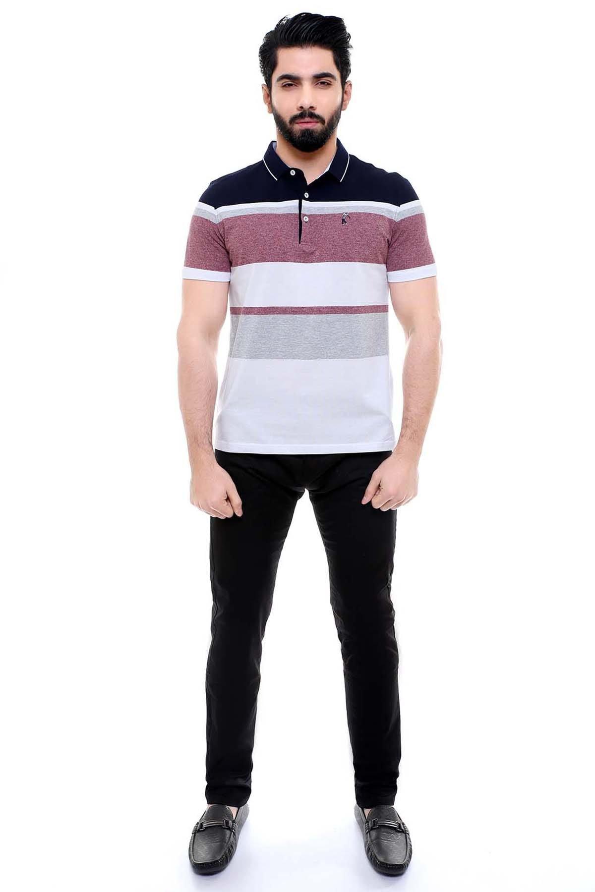 Men's striped polo shirt in navy, maroon, white and gray, short sleeves
