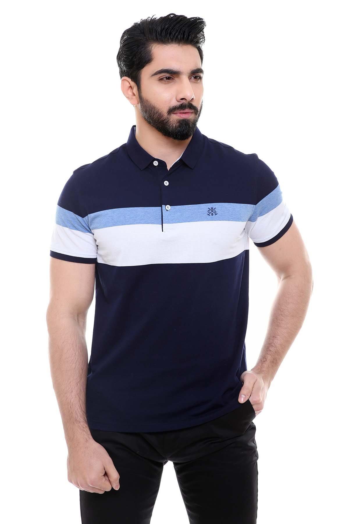 Navy polo T-shirt with white and light-blue stripes, short sleeves, button collar