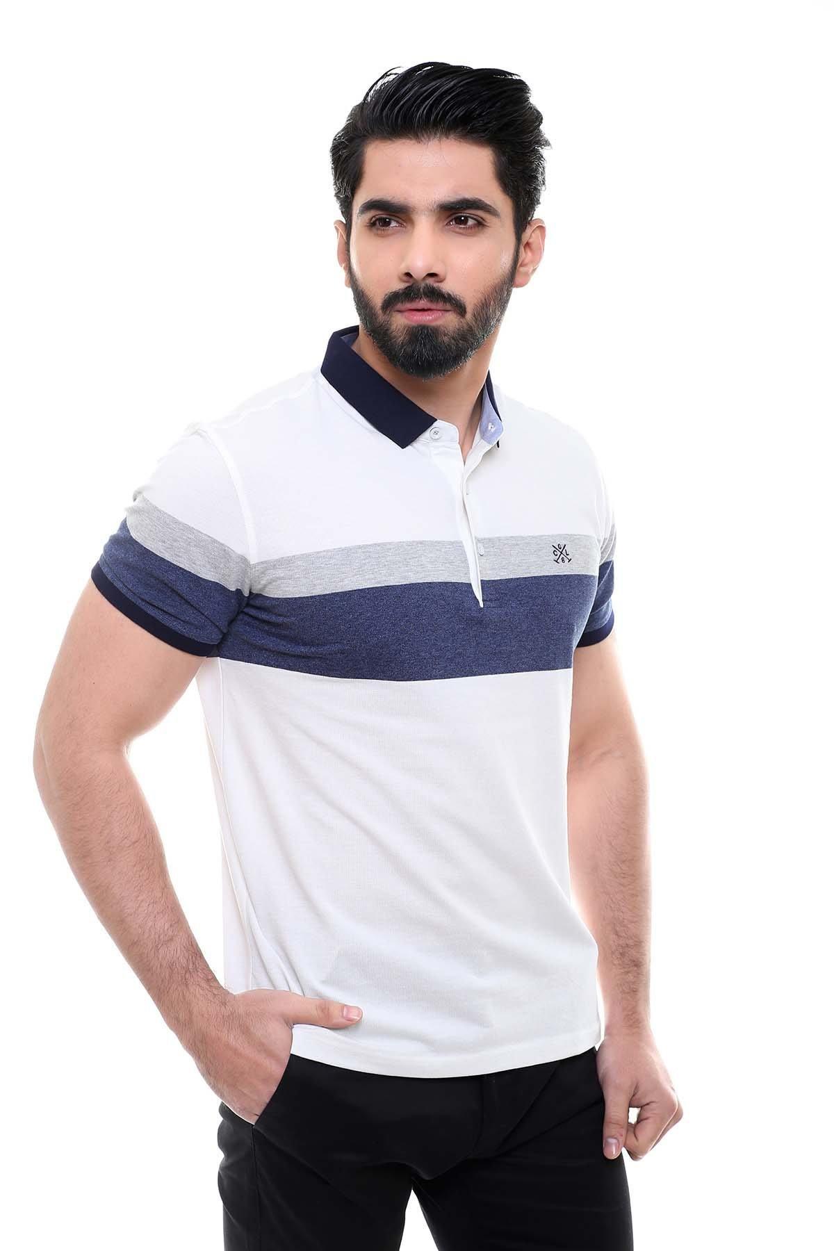 Off-white polo T-shirt with navy wide band and small chest logo, short sleeves