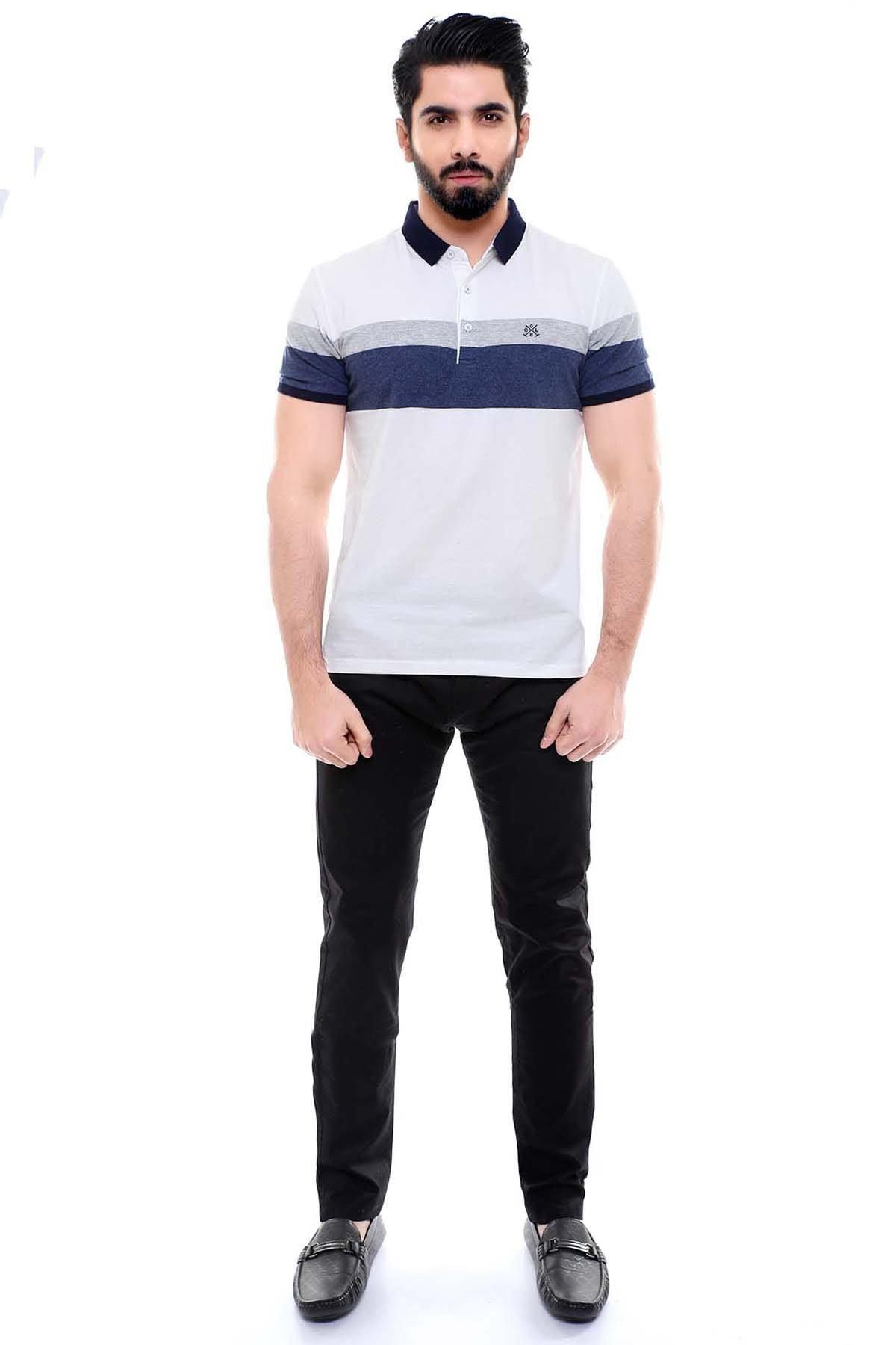 Off-white polo T-shirt with navy chest stripe, short sleeves, button collar