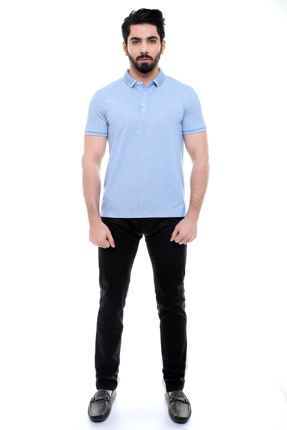 Sky blue short-sleeve polo shirt, collared knit with button placket