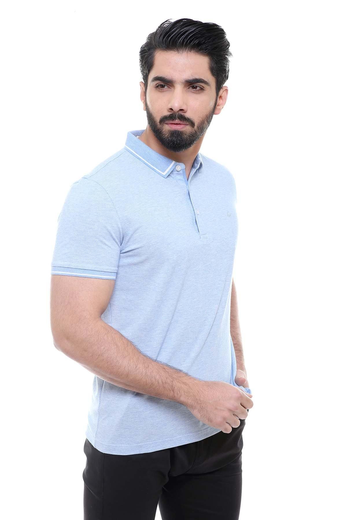 Sky blue short-sleeve polo shirt front view with collar and button placket