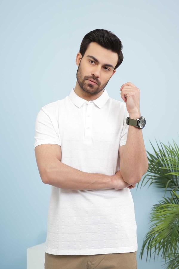White polo T-shirt with short sleeves, button placket, and fold-over collar