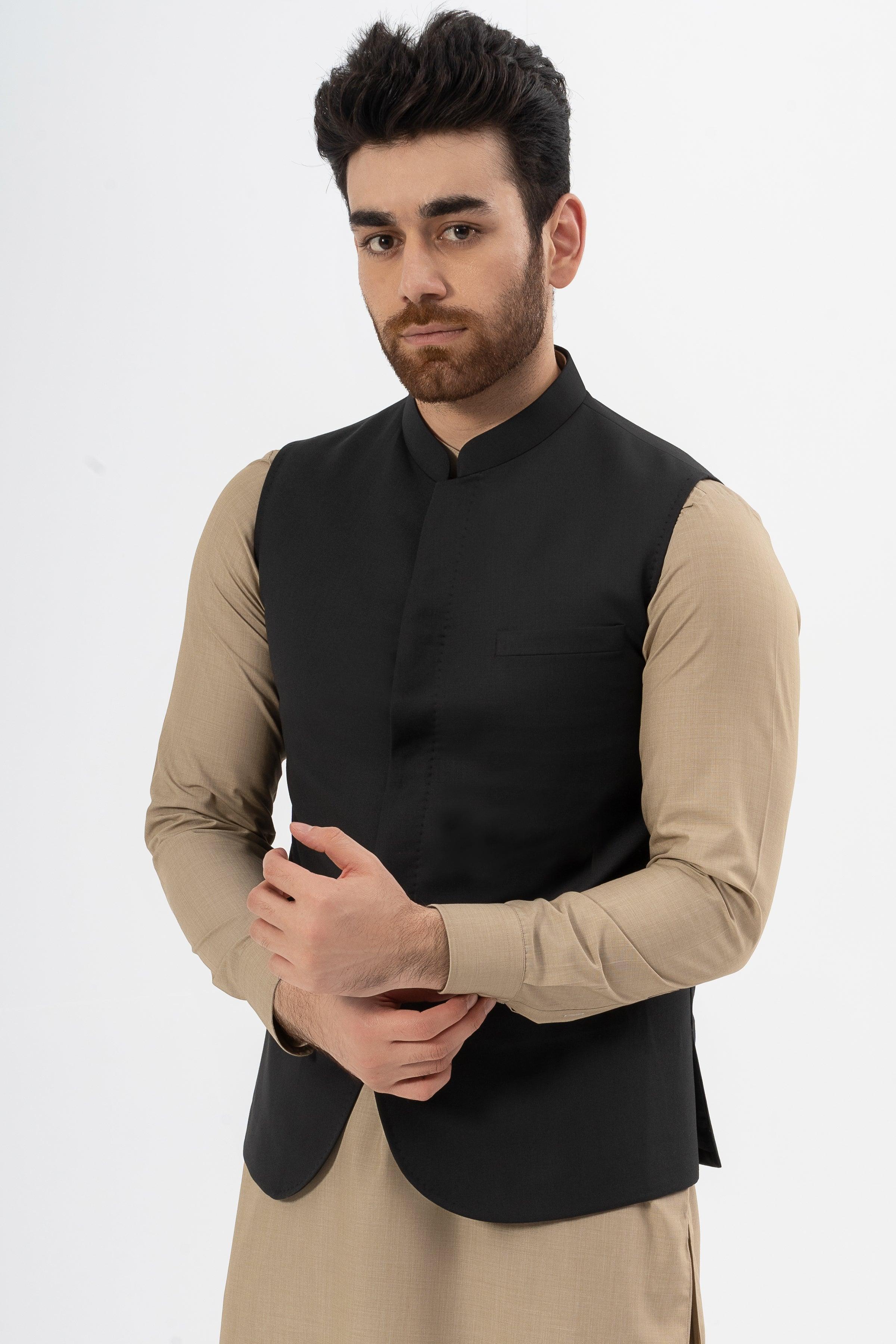 Black textured waistcoat with stand collar and button front, front view