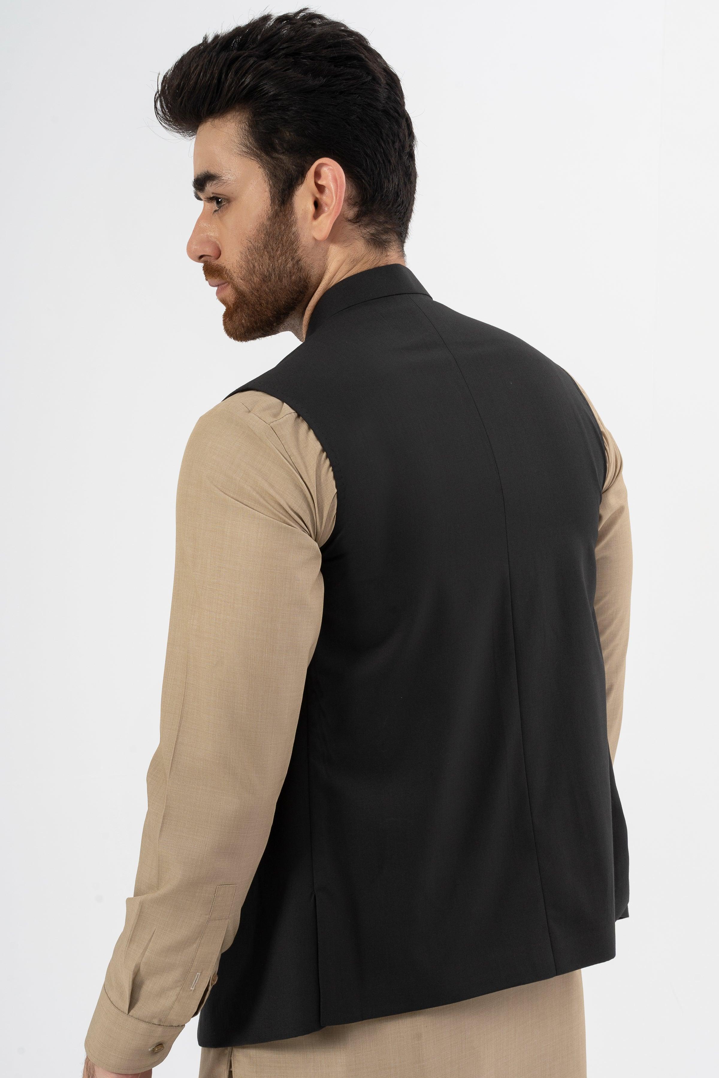Black textured waistcoat vest with stand collar and four-button front, shown from back
