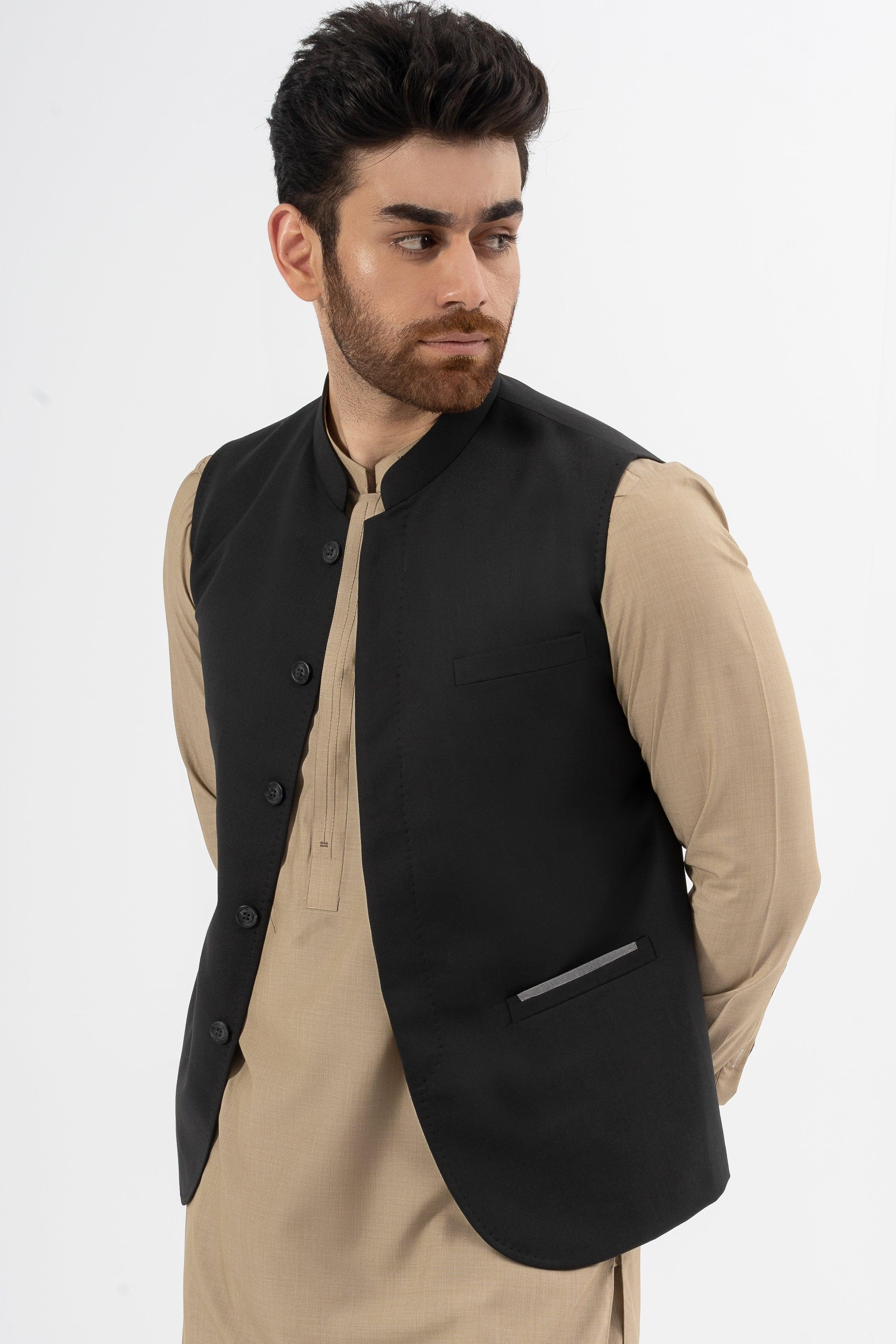 Black textured waistcoat with stand collar, four buttons, and diagonal pocket, side view