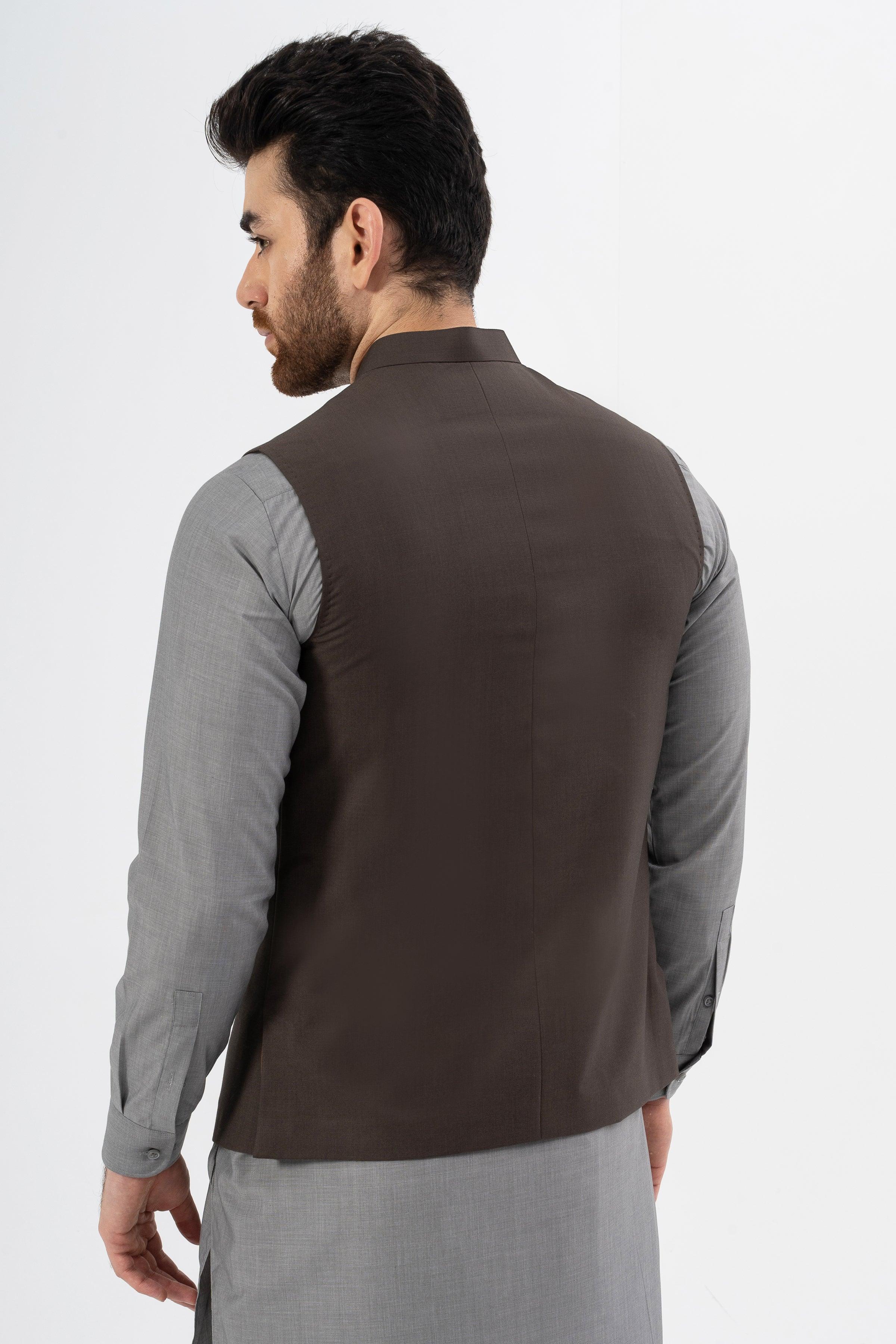 EXCLUSIVE TEXTURED WAISTCOAT COFFEE at Charcoal Clothing
