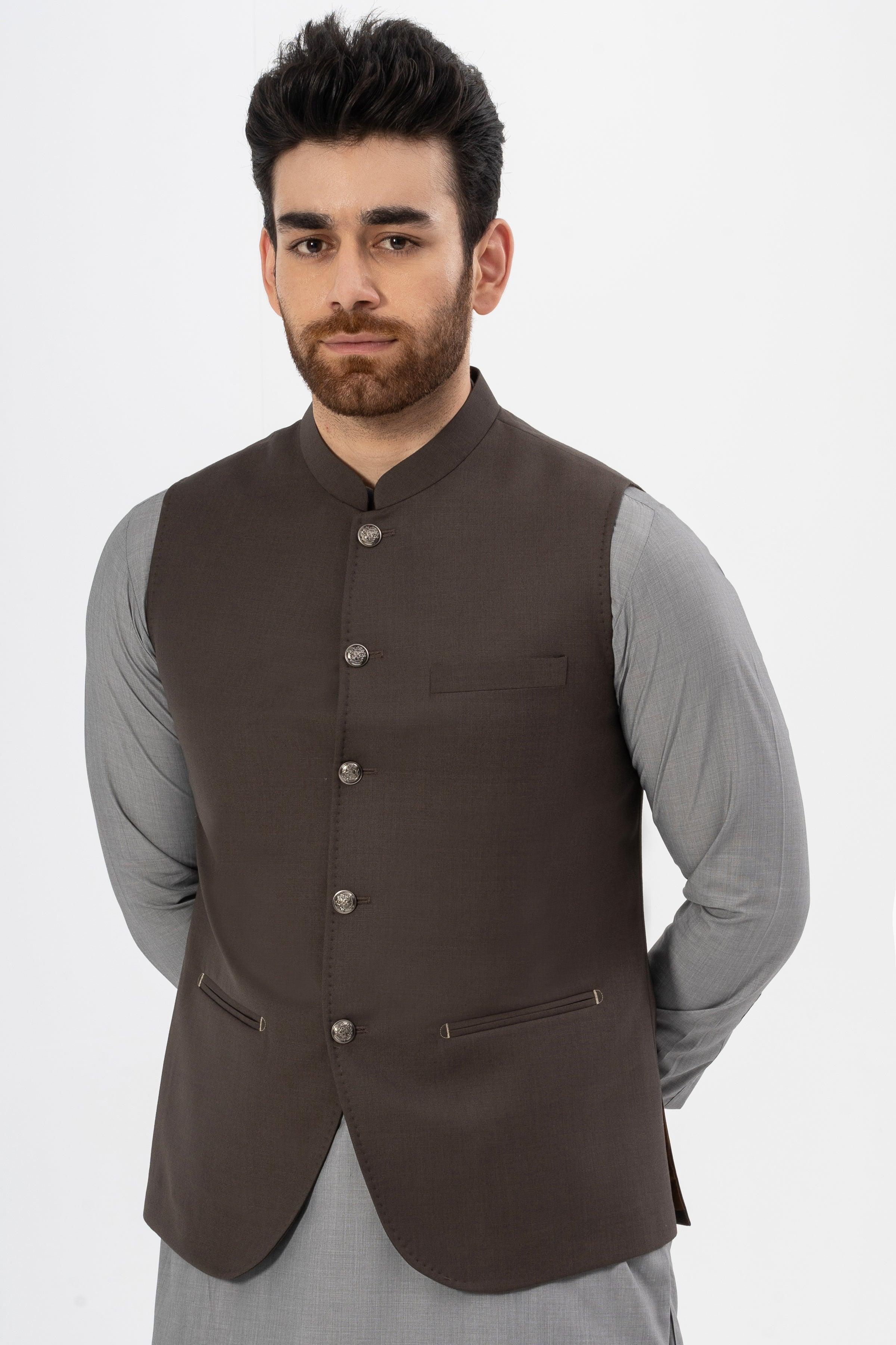 EXCLUSIVE TEXTURED WAISTCOAT COFFEE at Charcoal Clothing