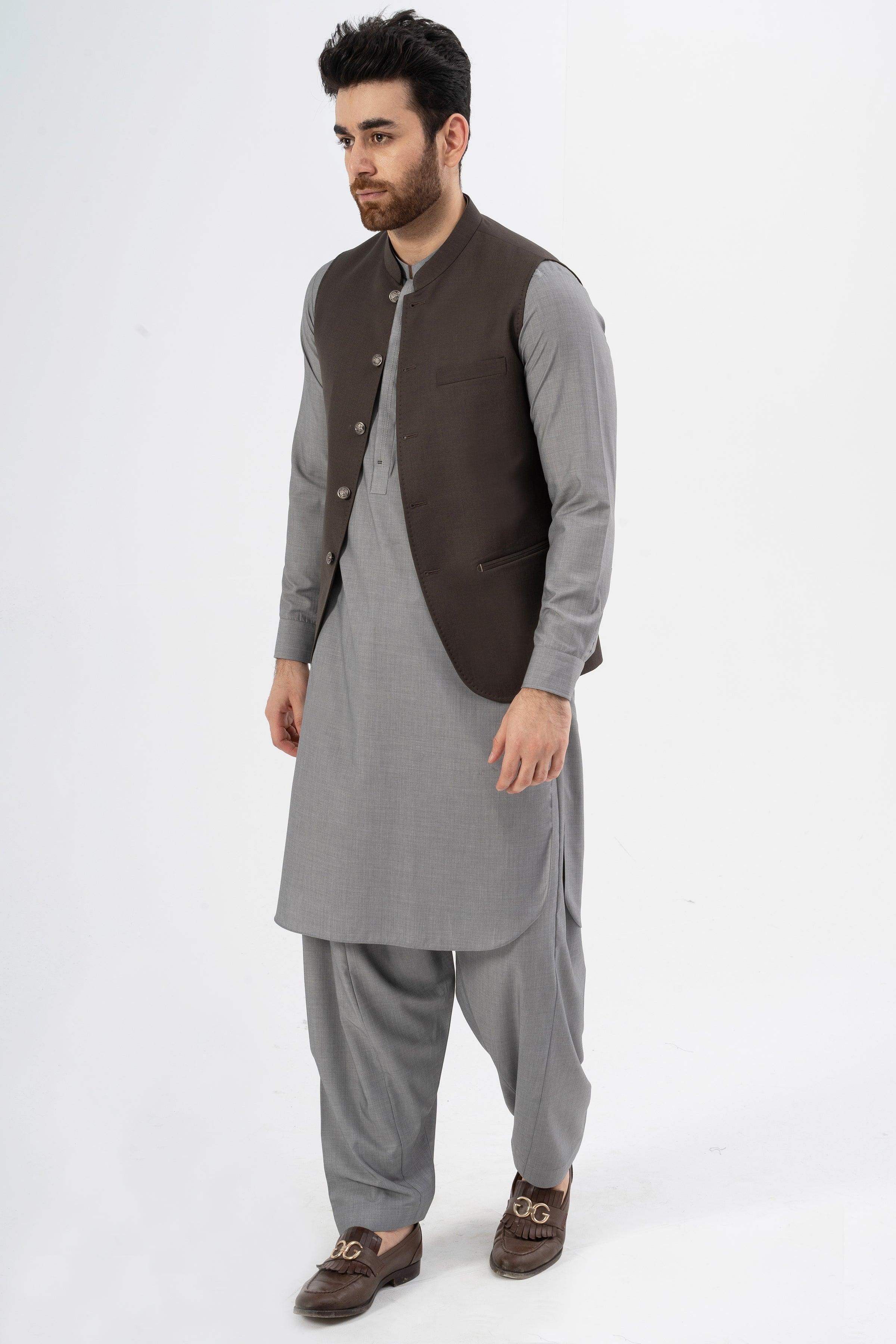 EXCLUSIVE TEXTURED WAISTCOAT COFFEE at Charcoal Clothing