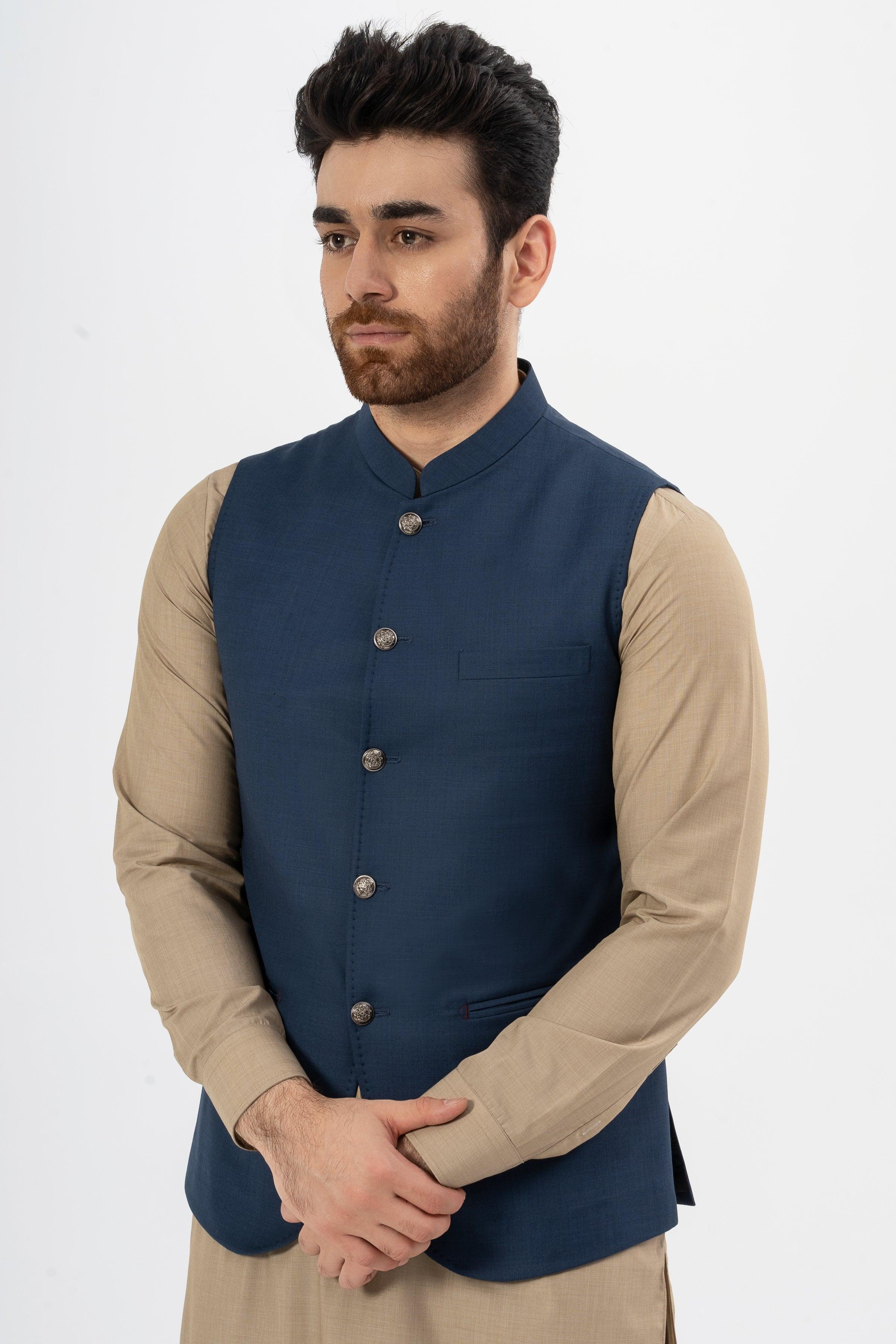 EXCLUSIVE TEXTURED WAISTCOAT DARK BLUE at Charcoal Clothing