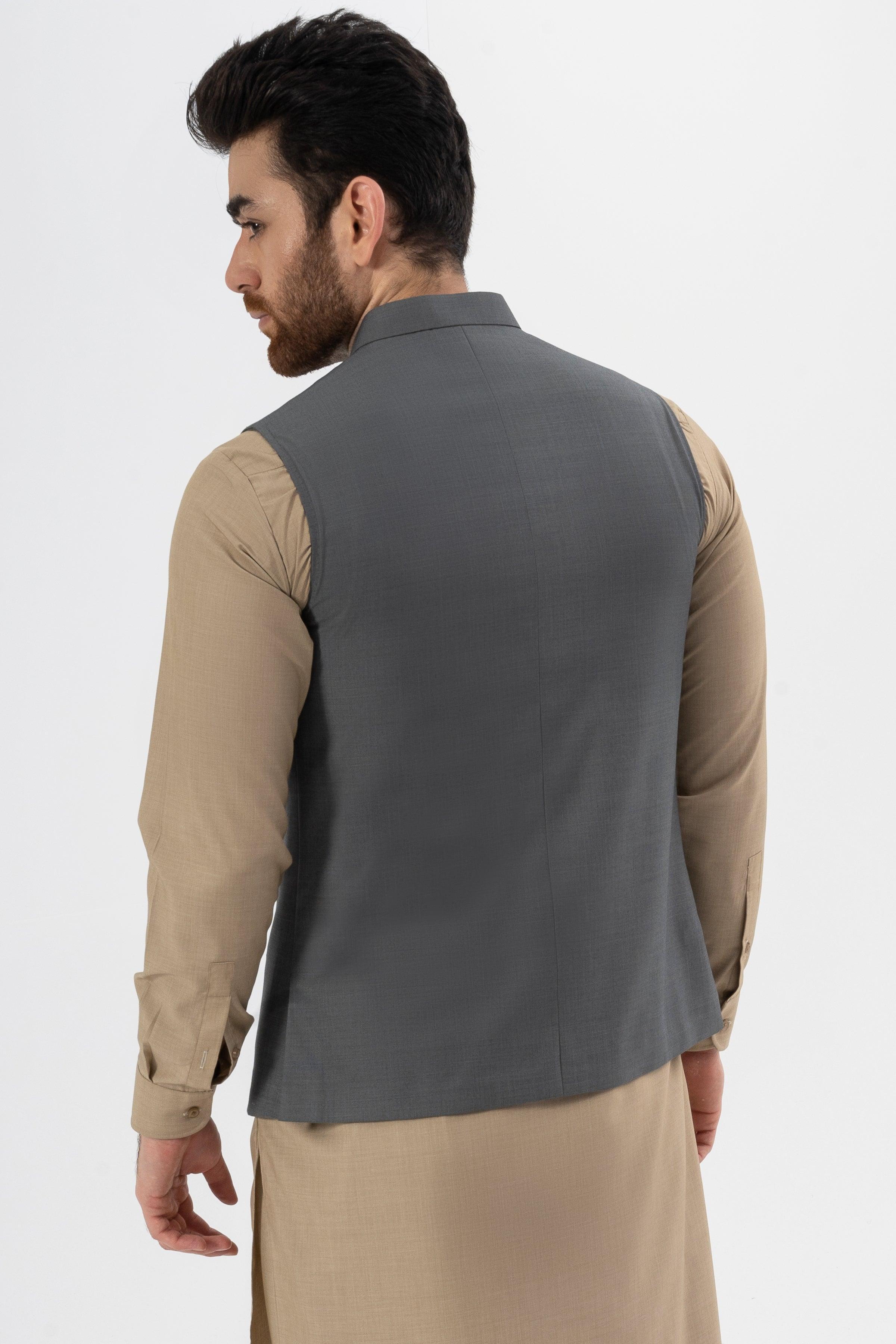 Dark grey textured waistcoat back view with smooth yoke and hem