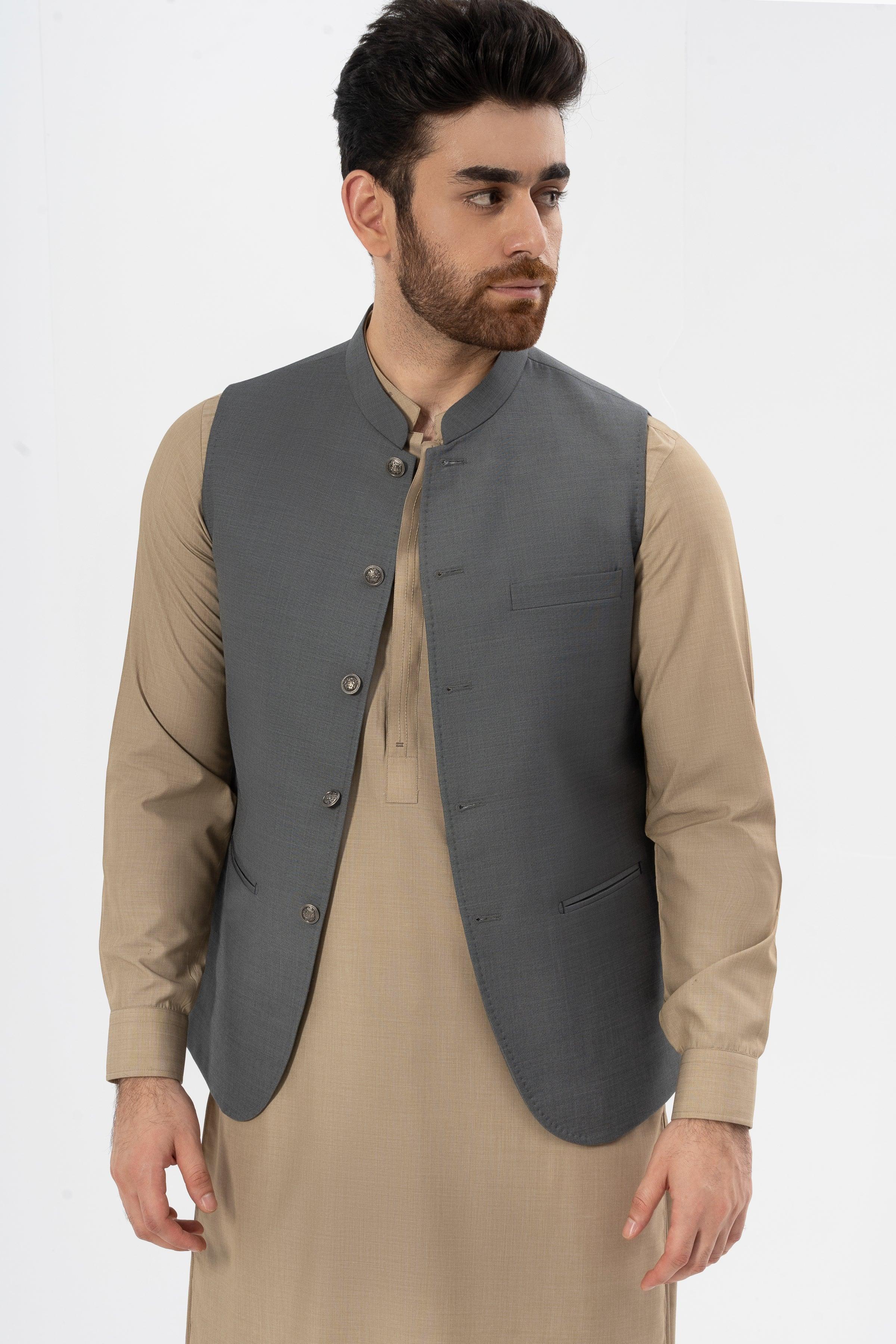 Dark grey textured waistcoat with stand collar and single chest pocket
