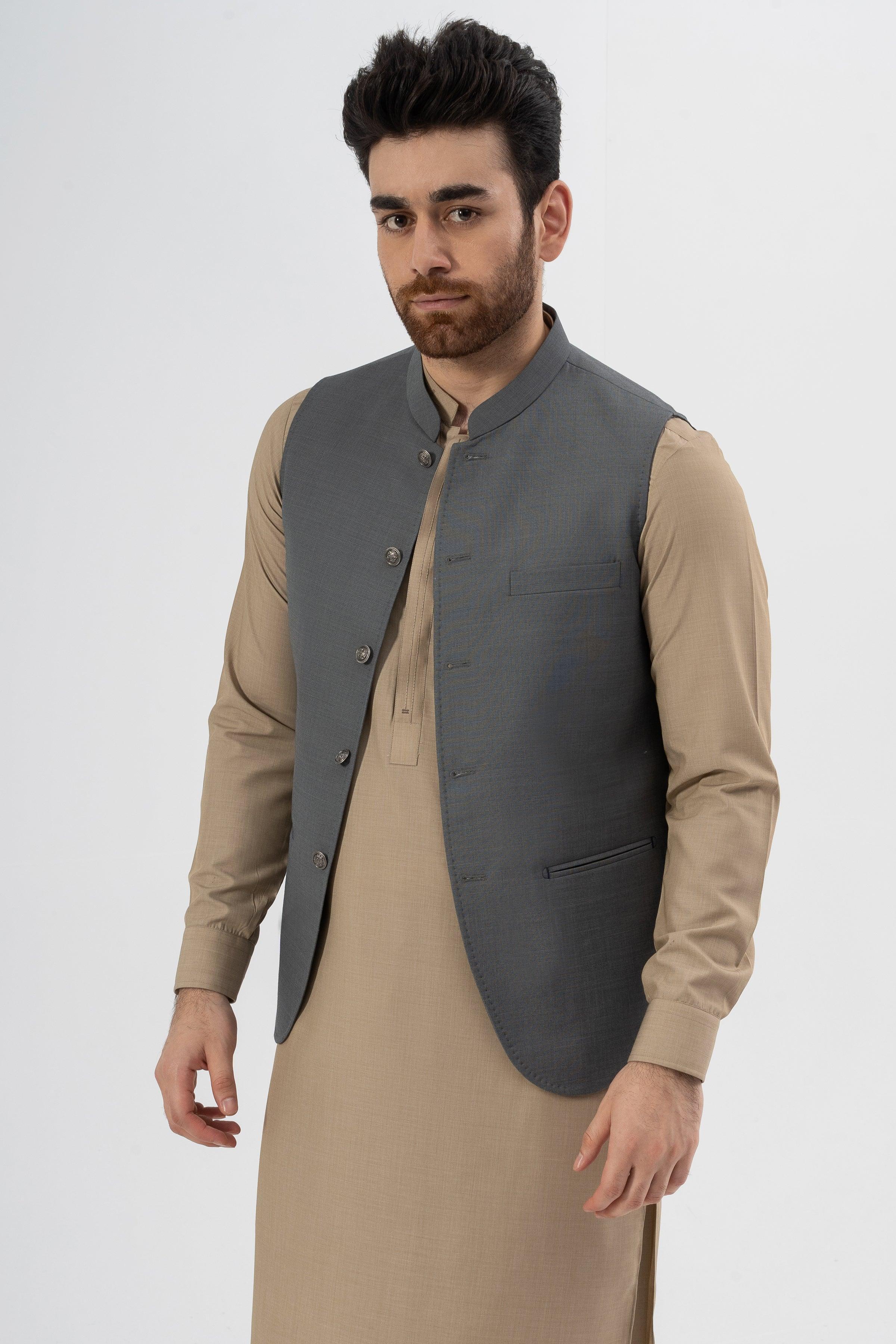 Men's dark grey textured waistcoat, sleeveless button front and side hem