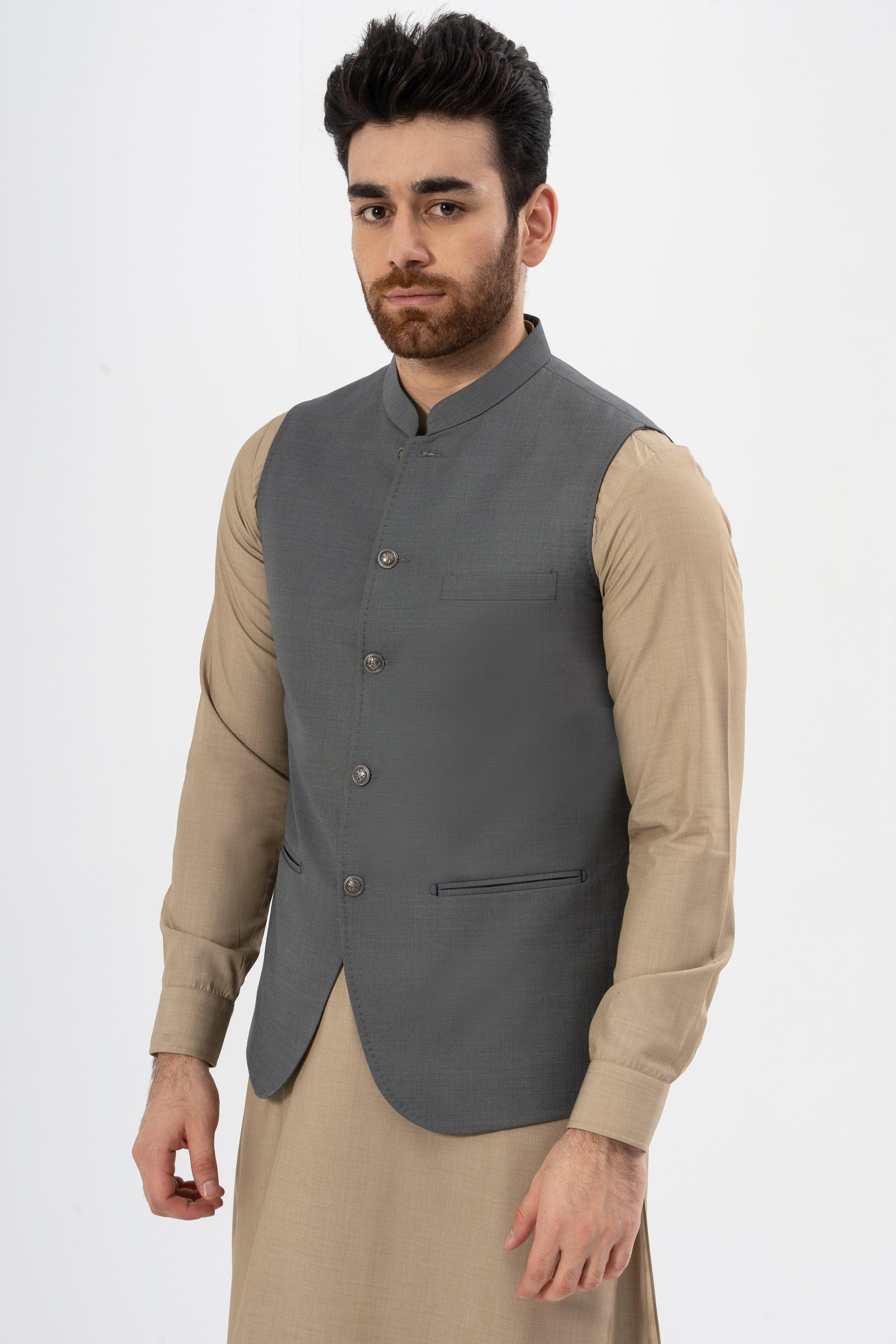 Men's dark grey textured waistcoat with button front and chest pocket