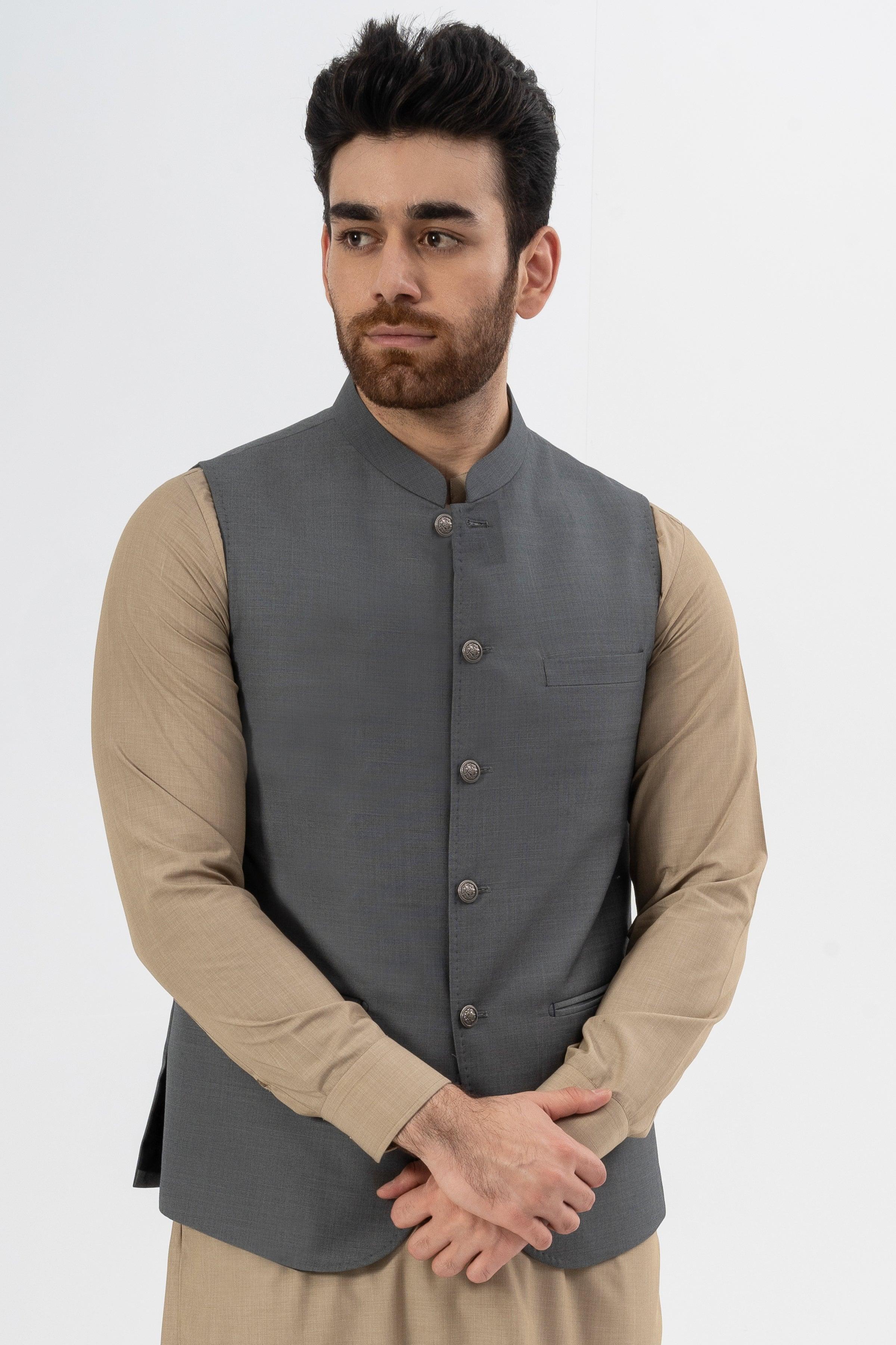 Men's dark grey textured waistcoat with front buttons and straight hem