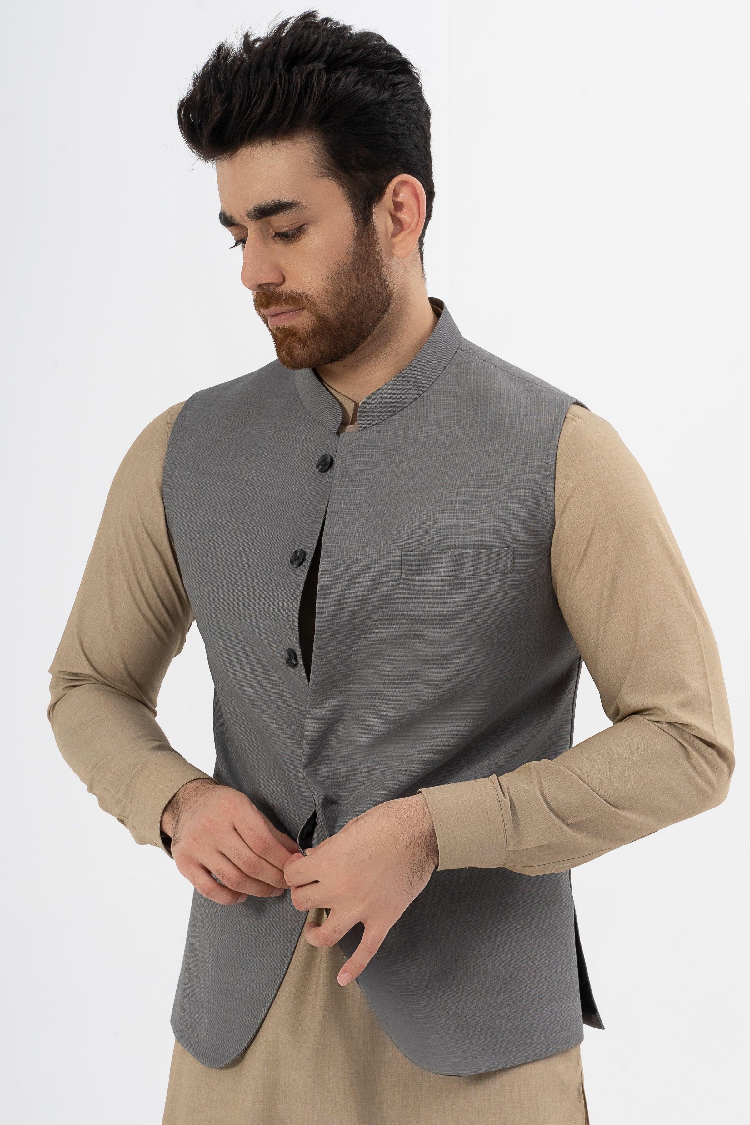 Grey textured waistcoat with button front and stand collar, close-up