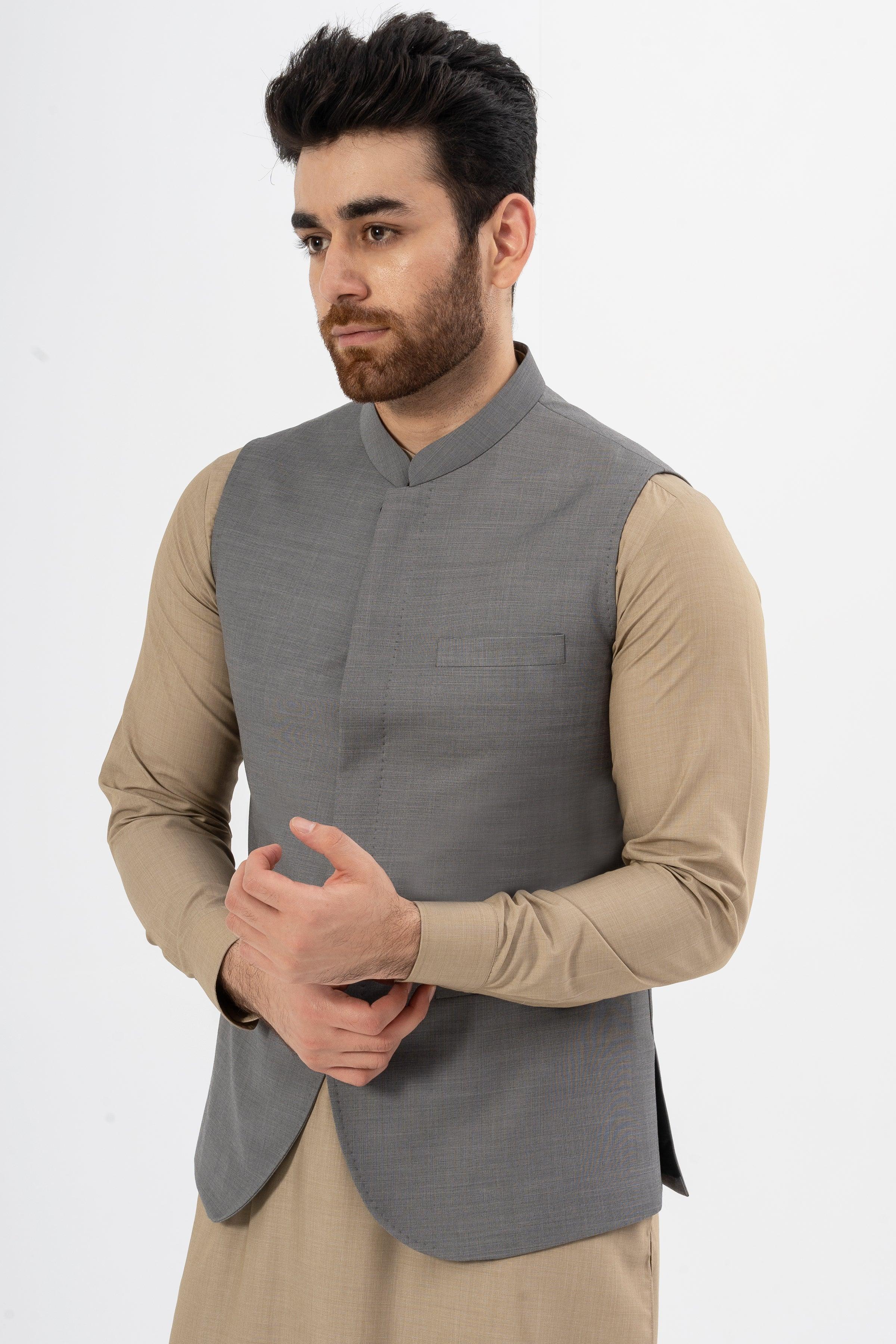 Grey textured waistcoat with button placket and welt chest pocket