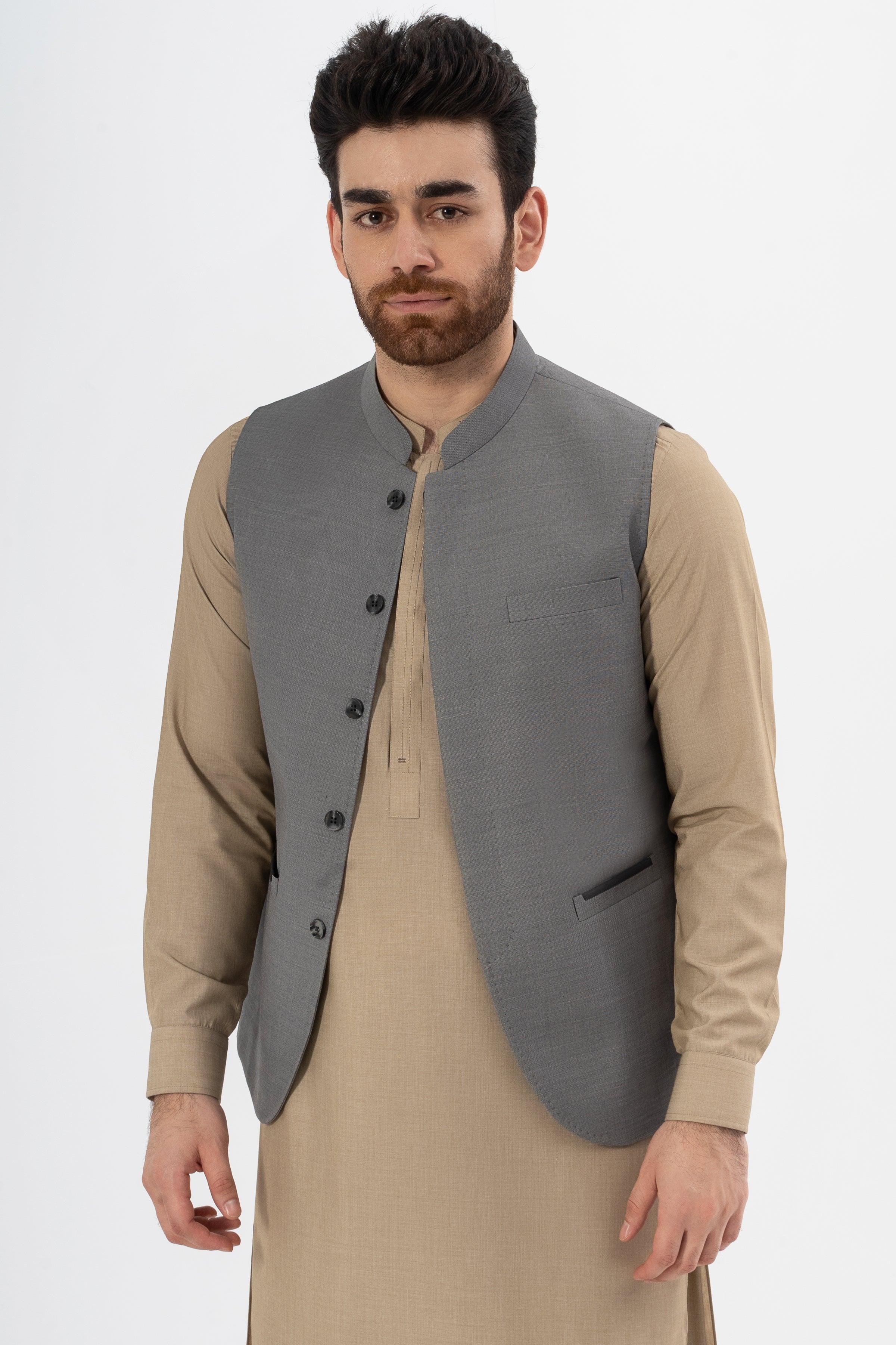 Grey textured waistcoat with four-button front and stand collar