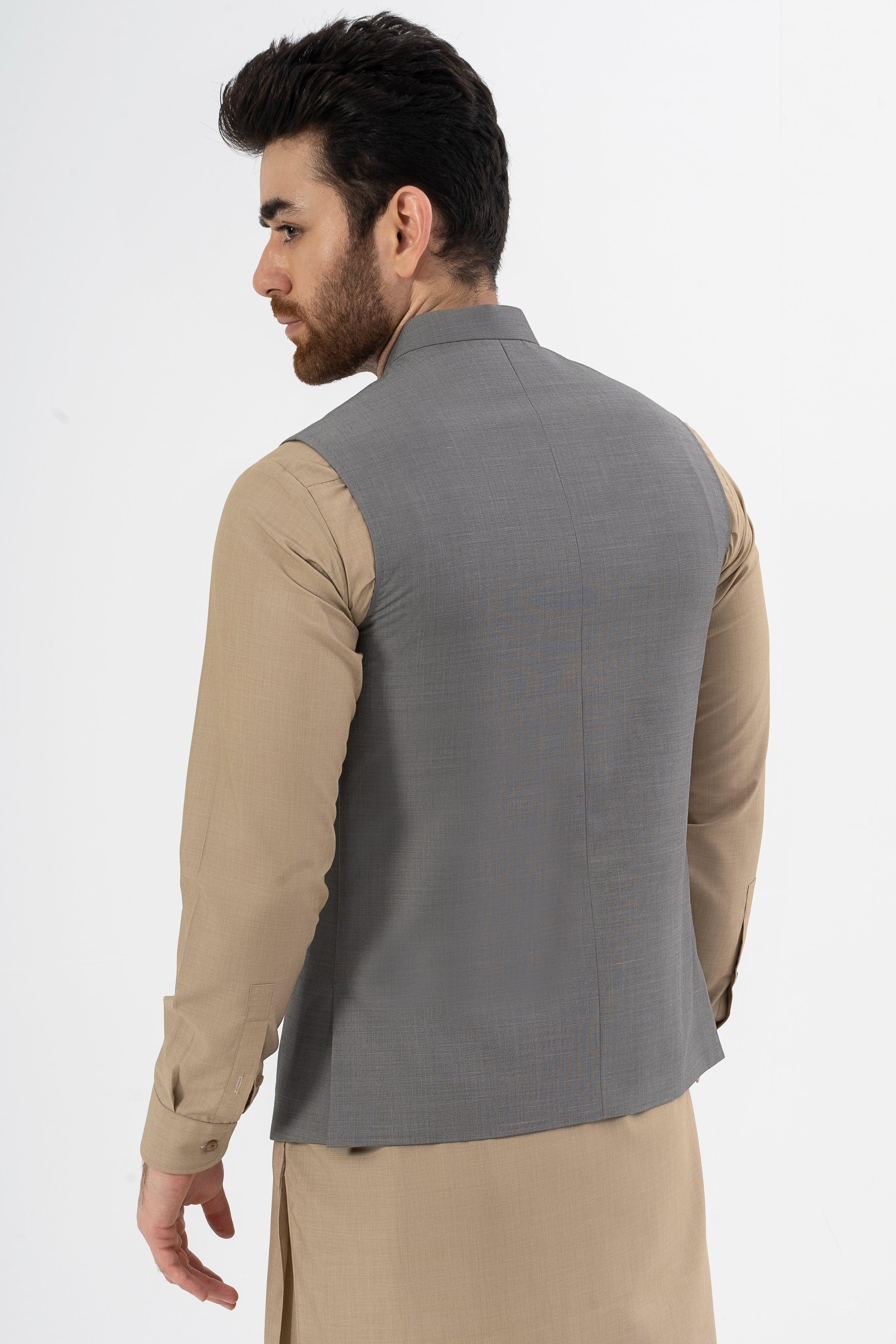 Grey textured waistcoat back panel with center seam