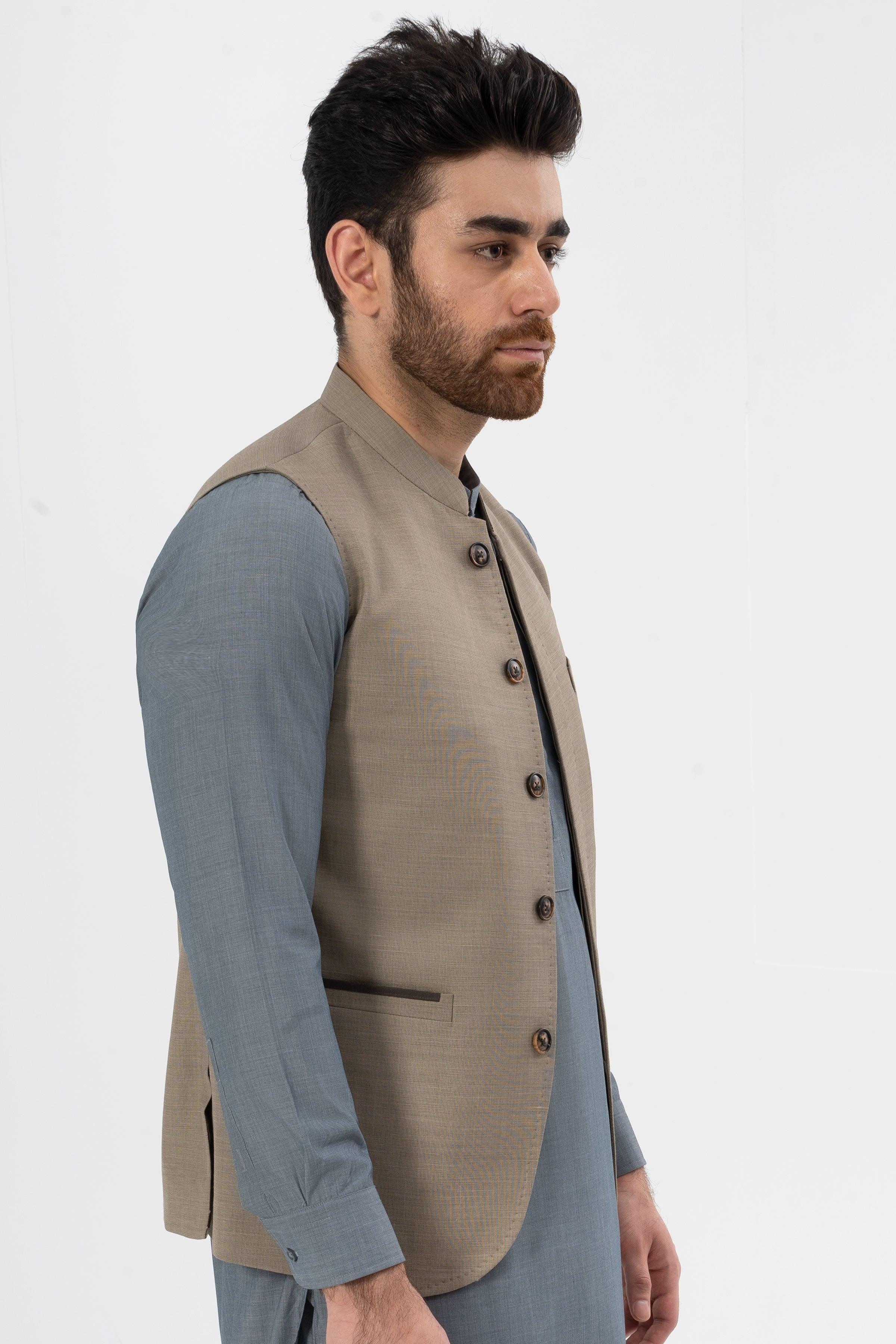 Textured mid-brown waistcoat sleeveless with side darts and four-button front
