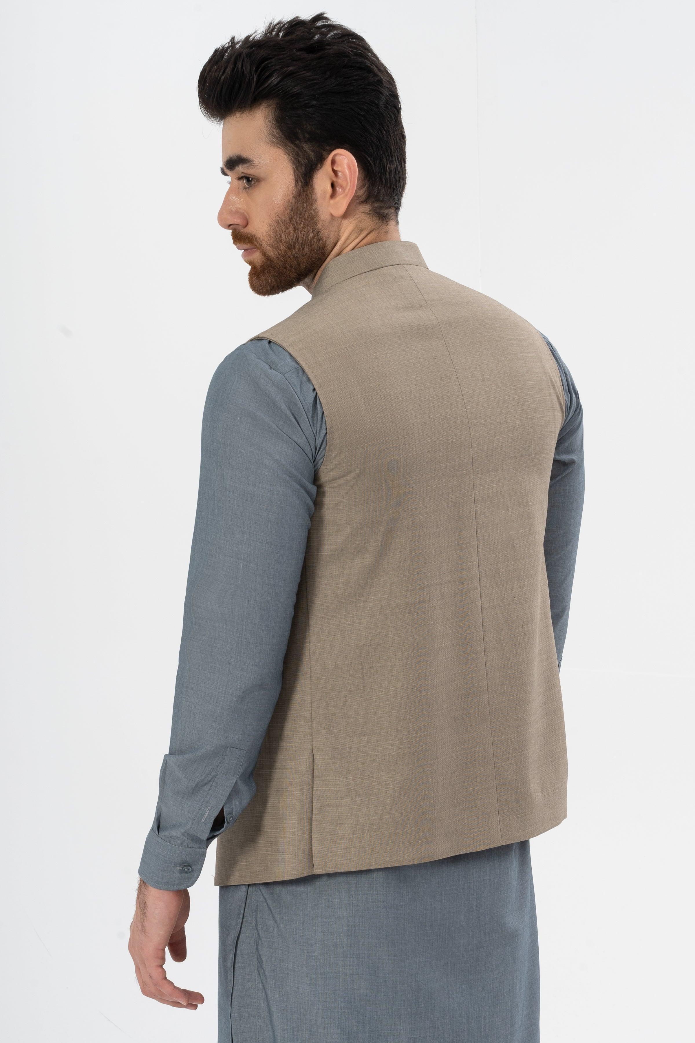 Textured mid-brown waistcoat back view, smooth yoke, sleeveless design