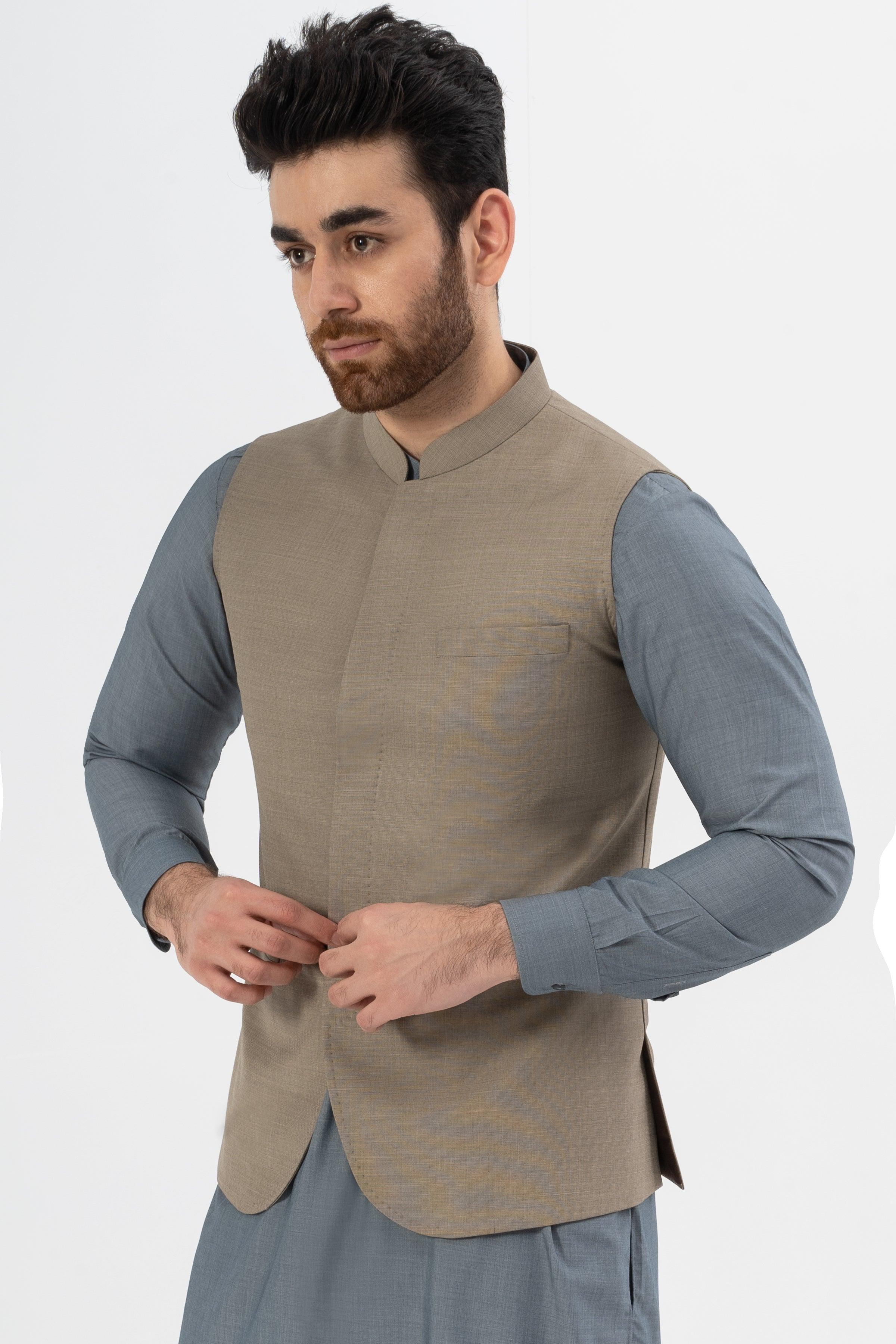 Textured mid-brown waistcoat with stand collar and four-button front