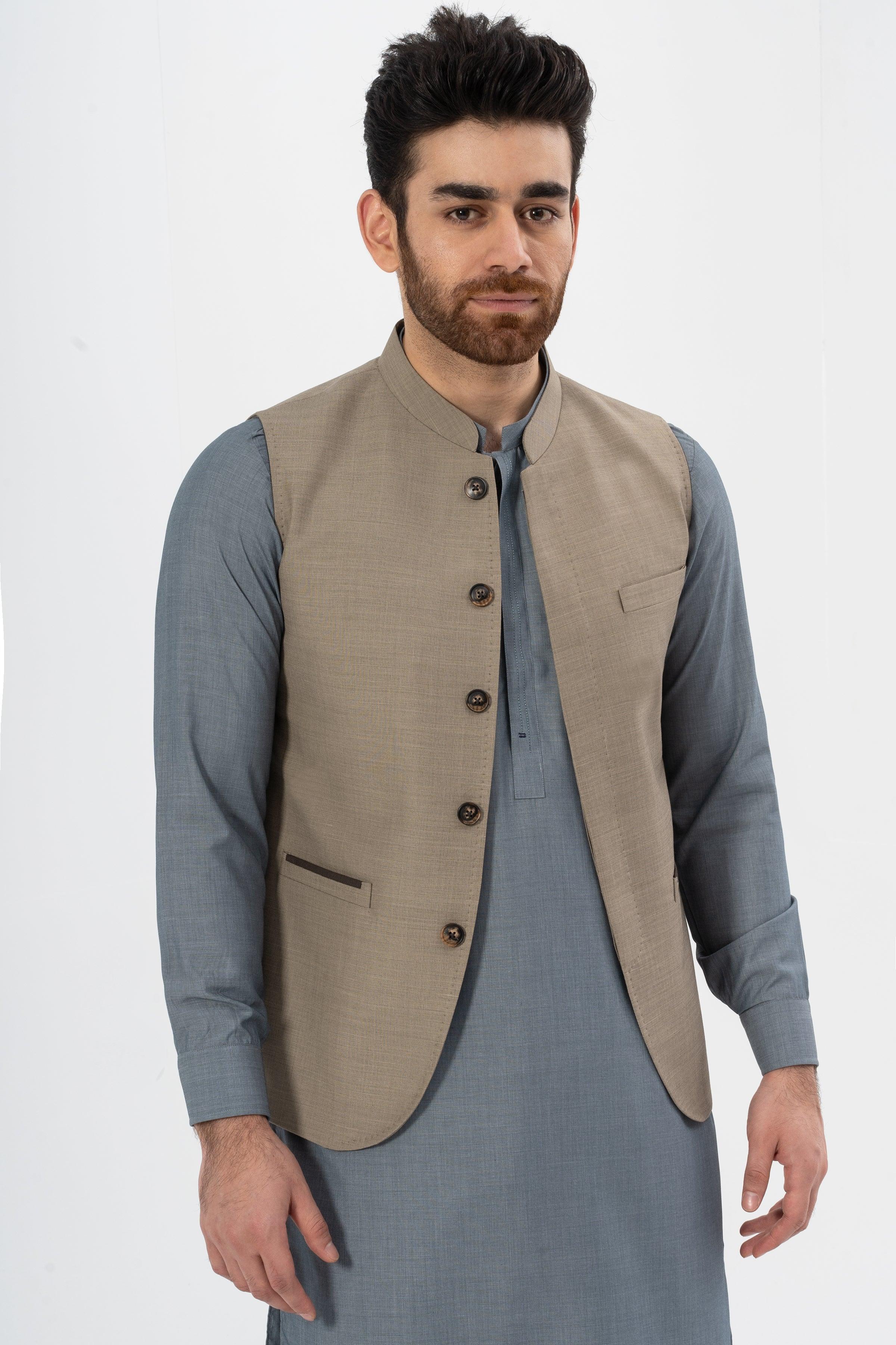 Textured mid-brown waistcoat with stand collar, four dark buttons, chest welt pocket