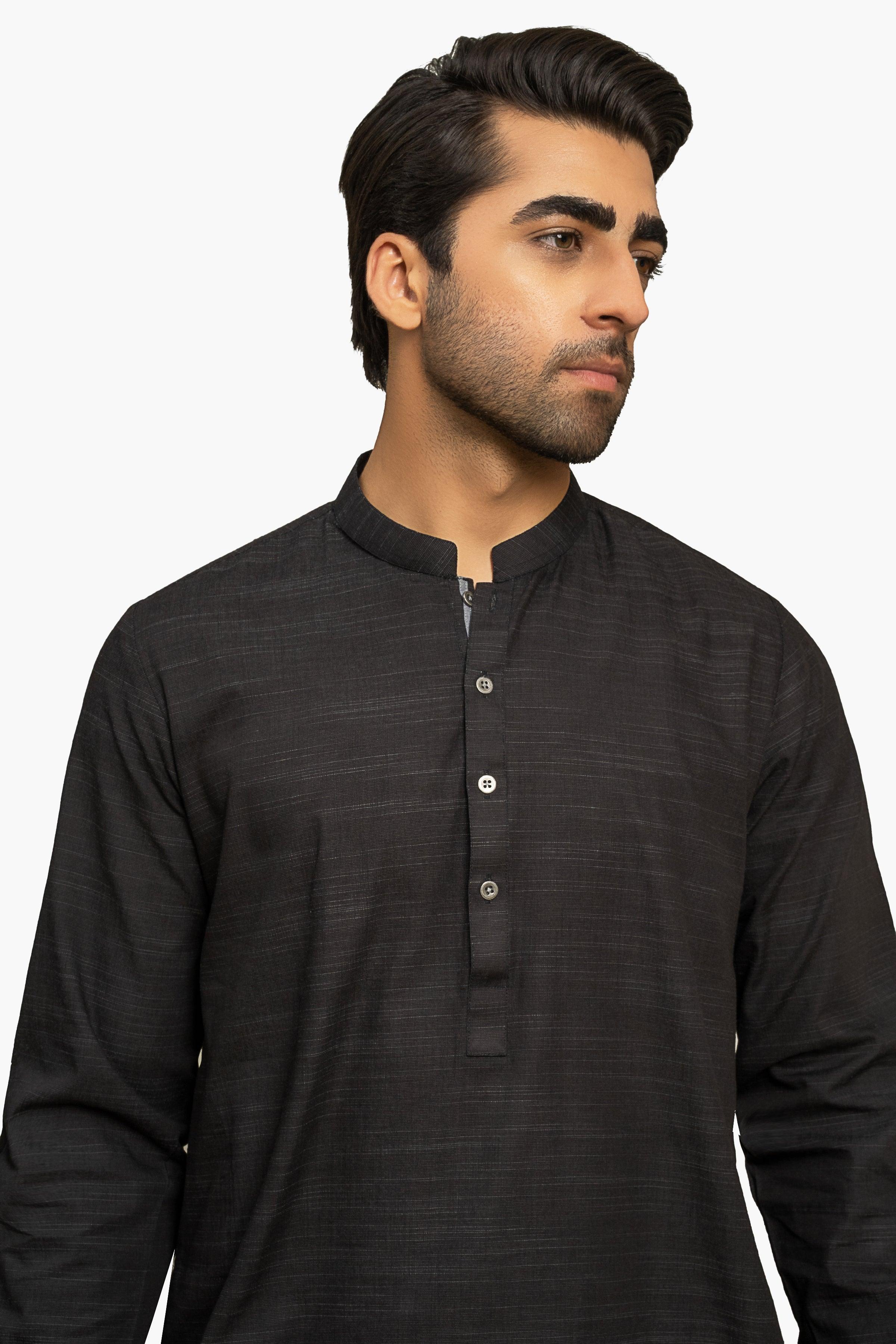 EXQUISITE TEXTURED KURTA PAJAMA BLACK at Charcoal Clothing