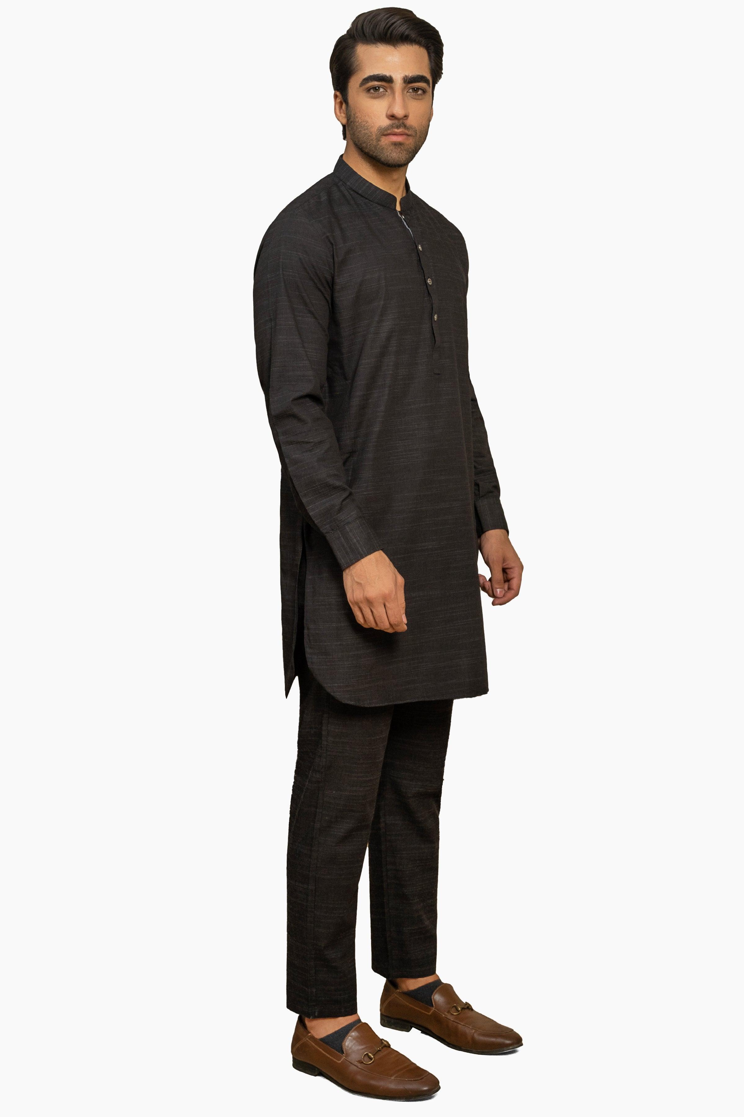 EXQUISITE TEXTURED KURTA PAJAMA BLACK at Charcoal Clothing