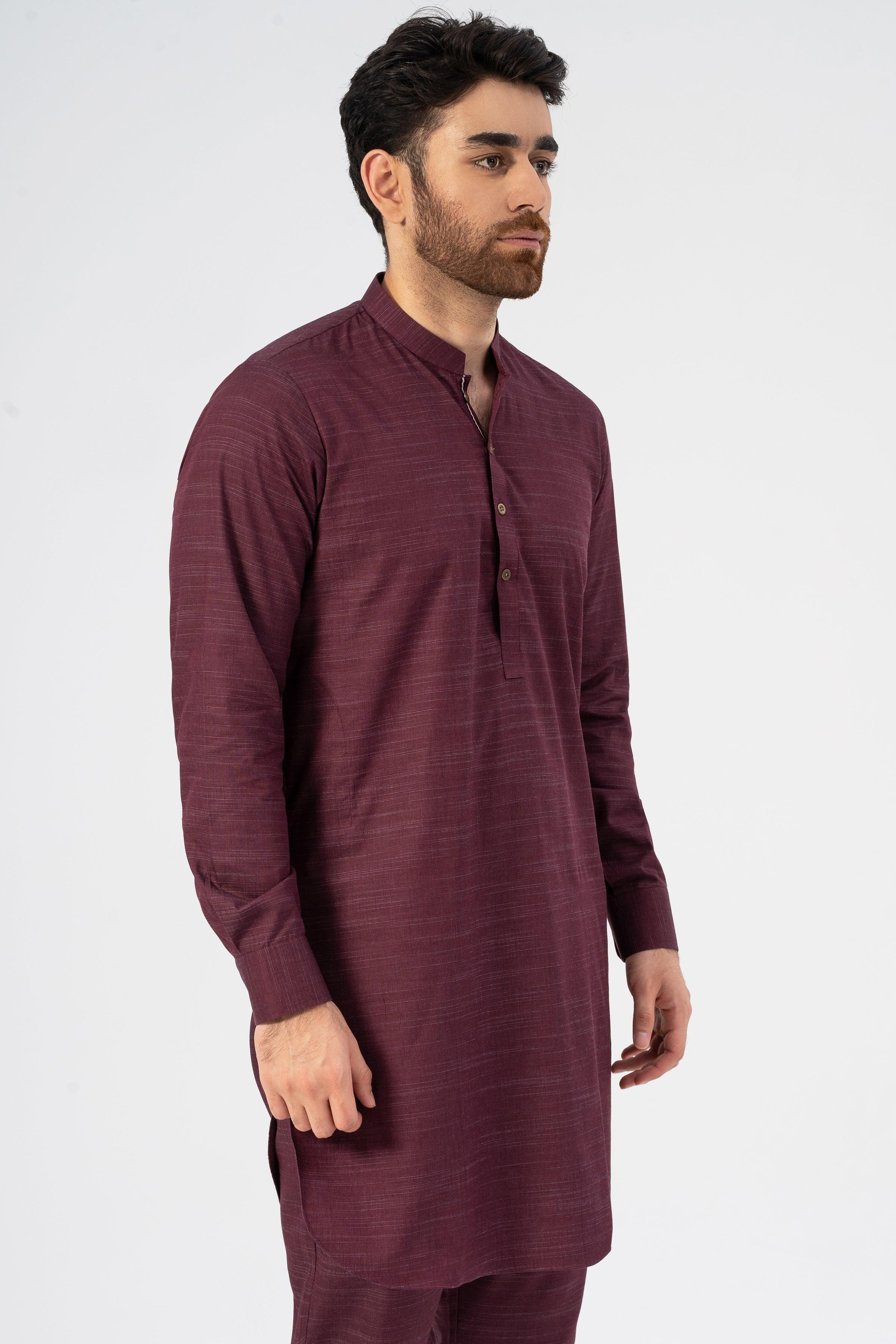 Maroon textured kurta pajama set for men, long tunic with stand collar and button placket
