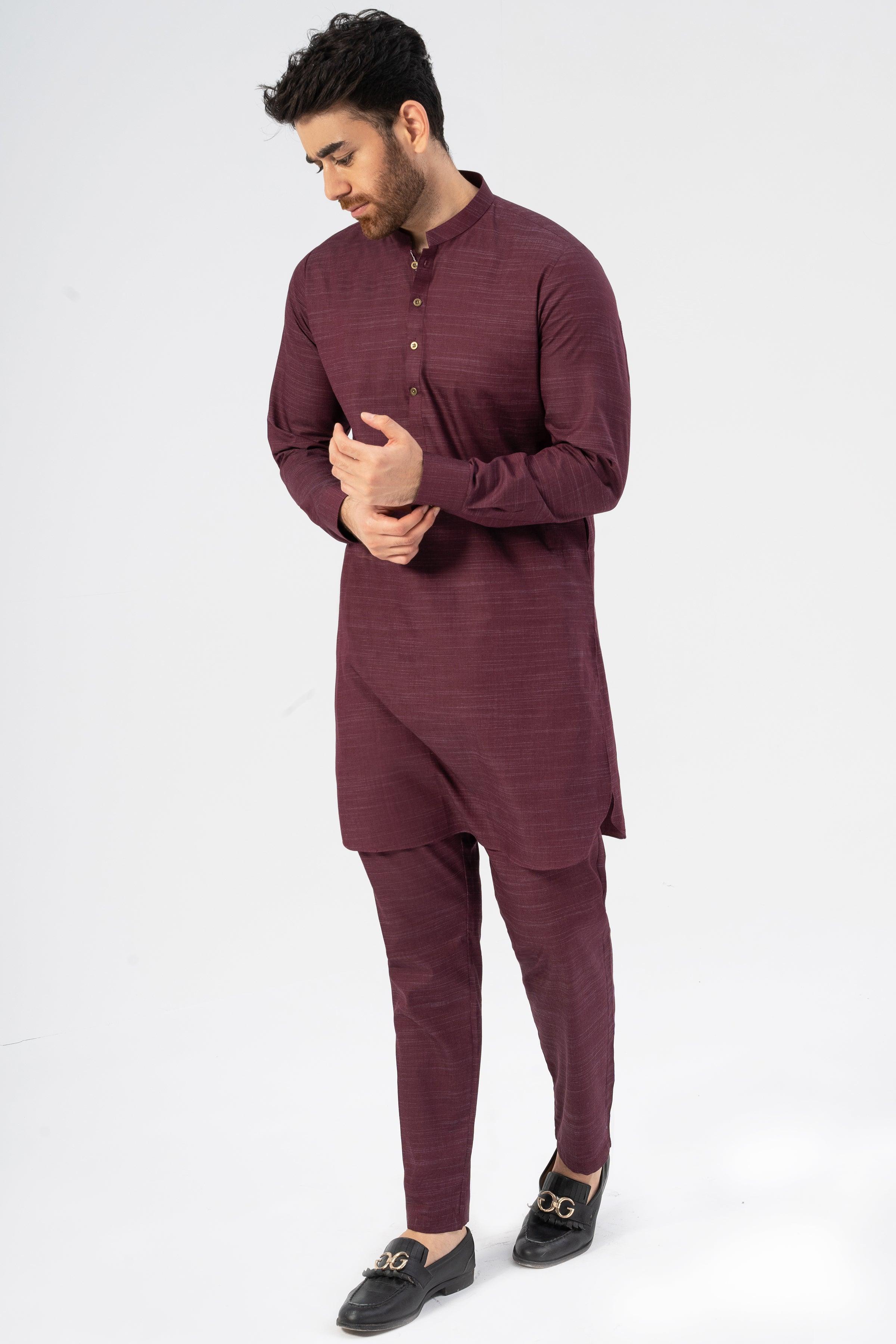 EXQUISITE TEXTURED KURTA PAJAMA MAROON at Charcoal Clothing