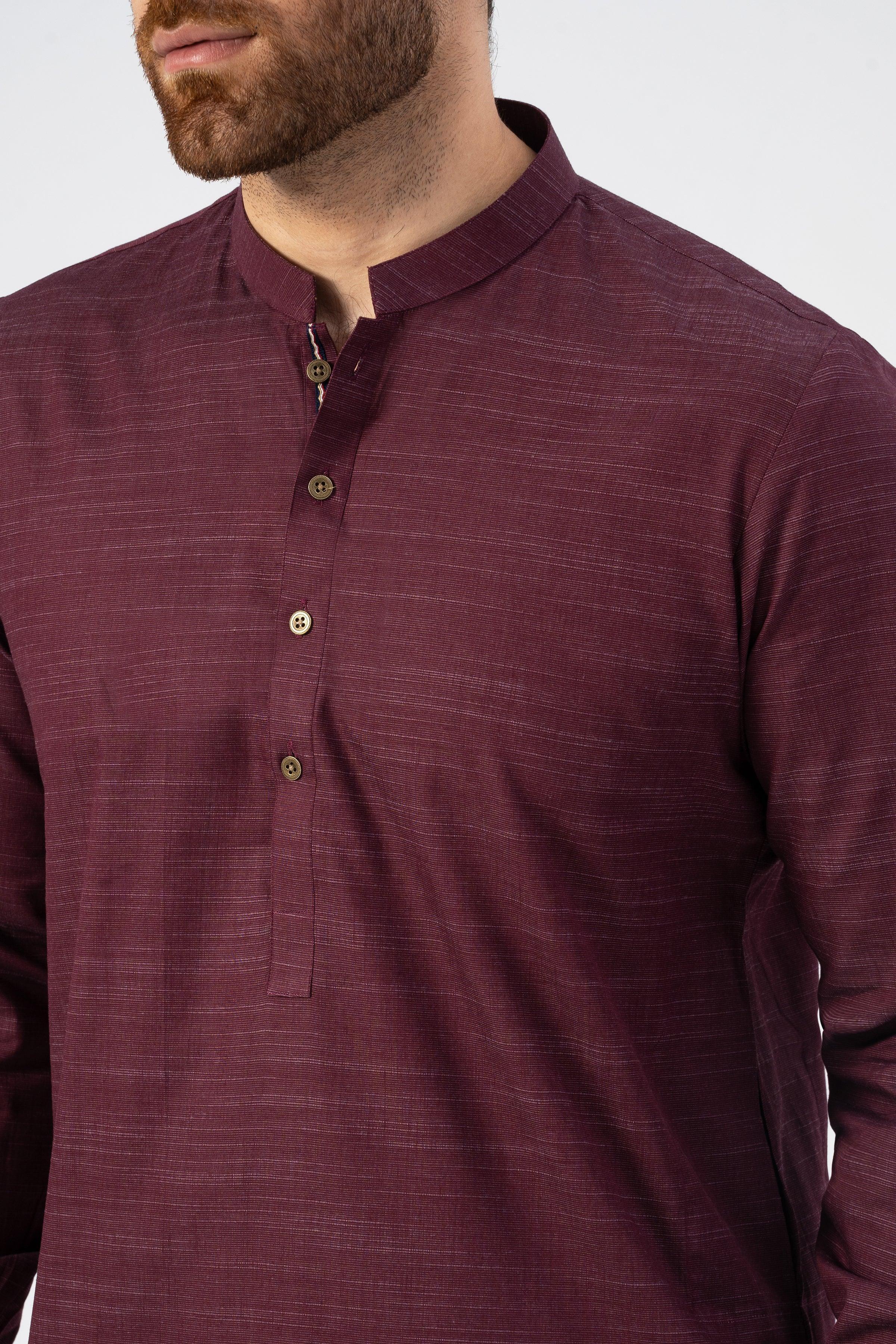 Maroon textured kurta with stand collar and three-button placket