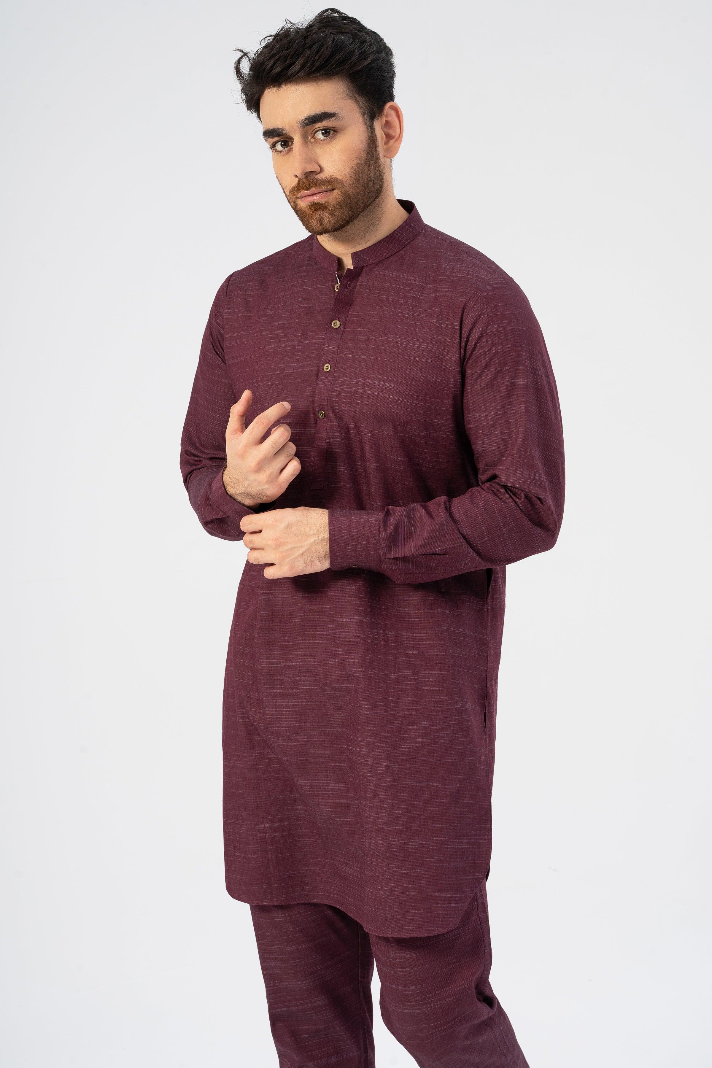 EXQUISITE TEXTURED KURTA PAJAMA MAROON at Charcoal Clothing