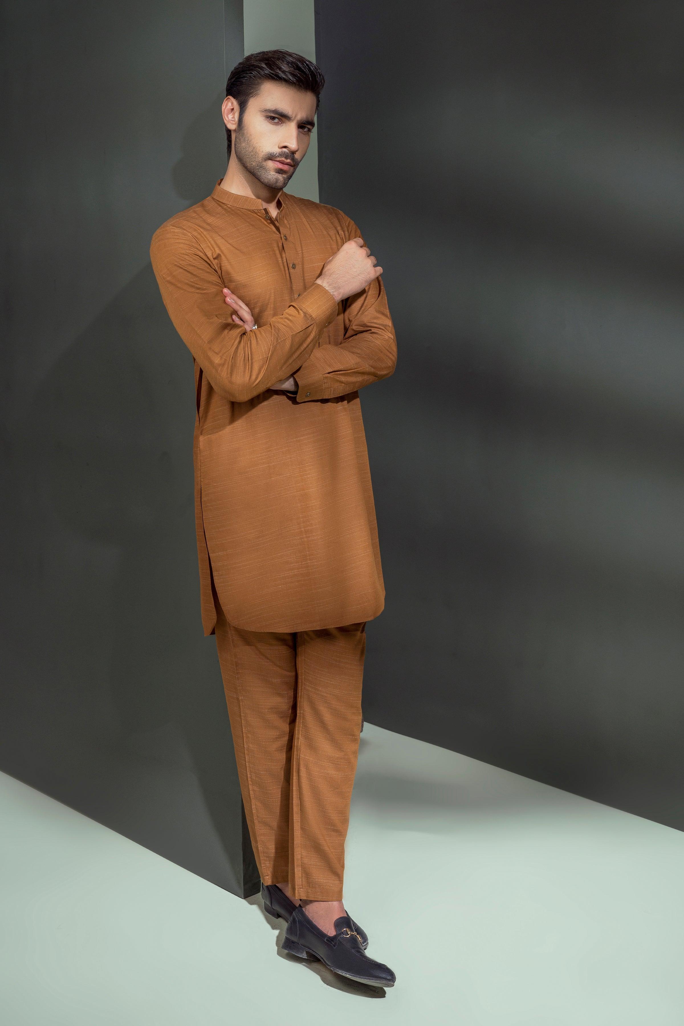 EXQUISITE TEXTURED KURTA PAJAMA MUSTARD at Charcoal Clothing