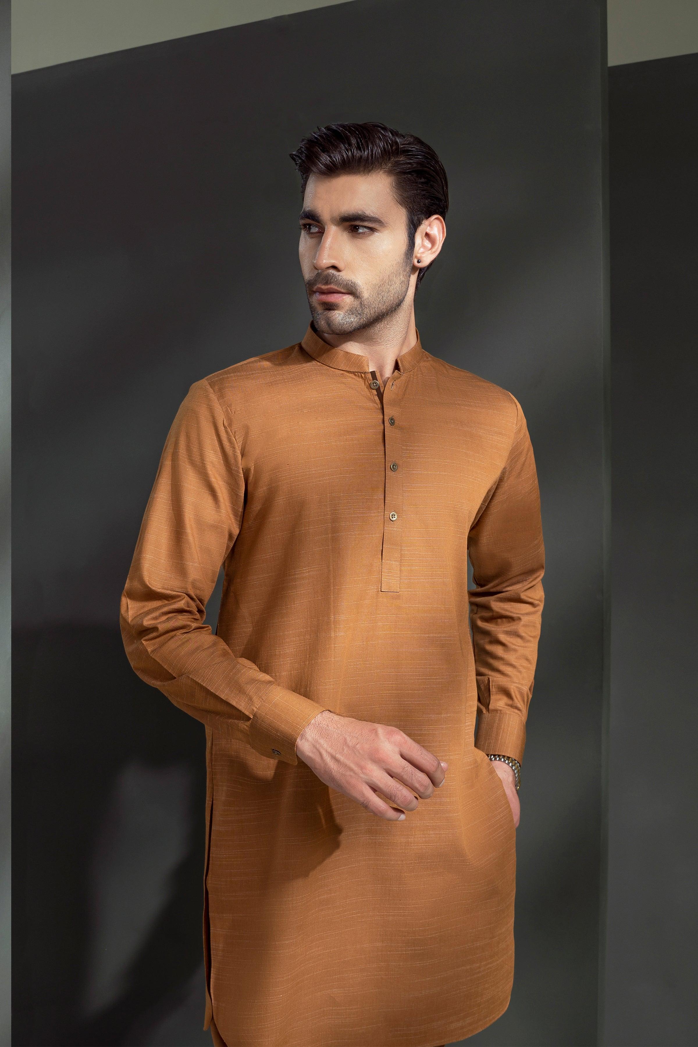 Mustard textured kurta pajama set with front button placket and long sleeves