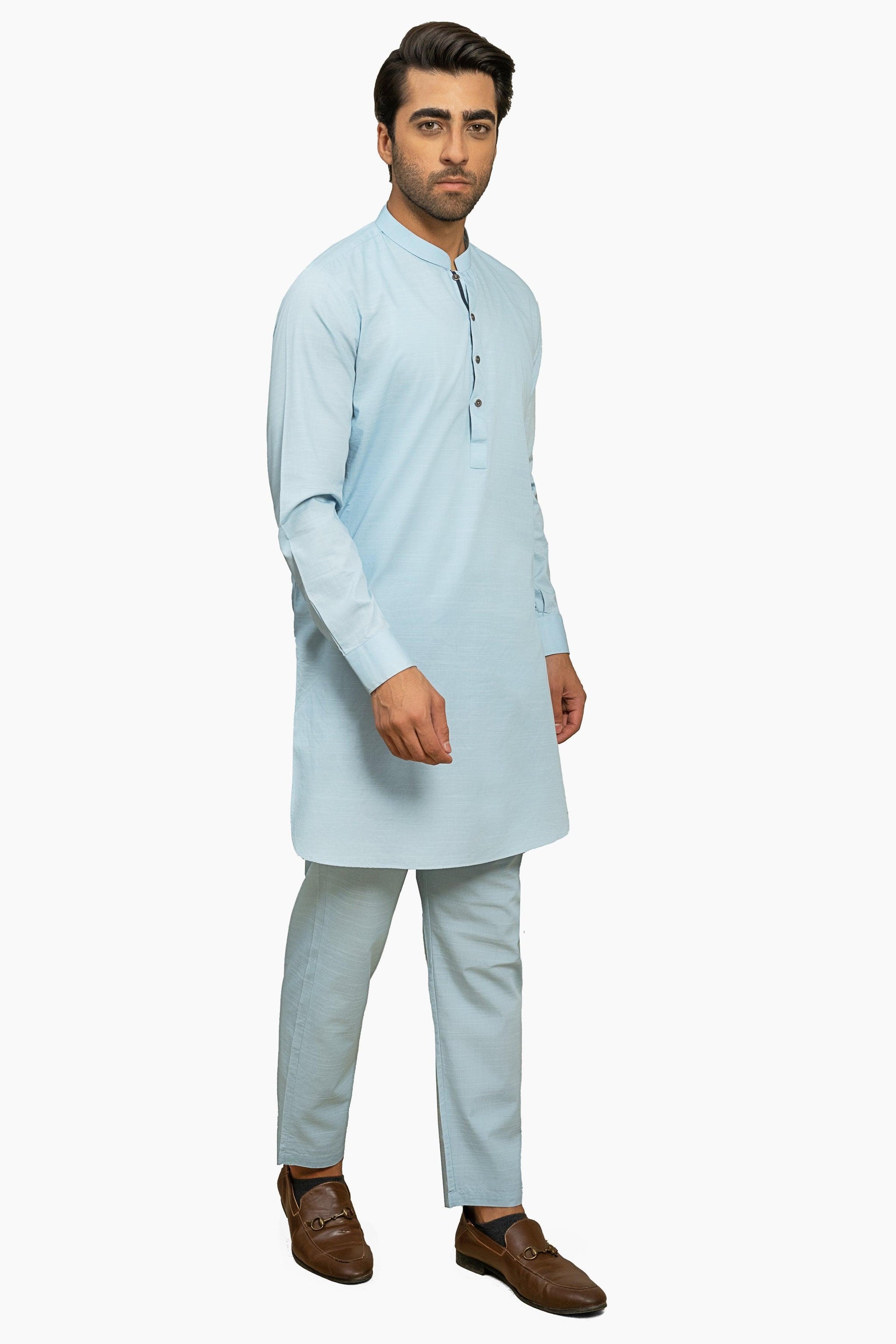 Men Sky Blue & White Woven Design Kurta With Pyjamas