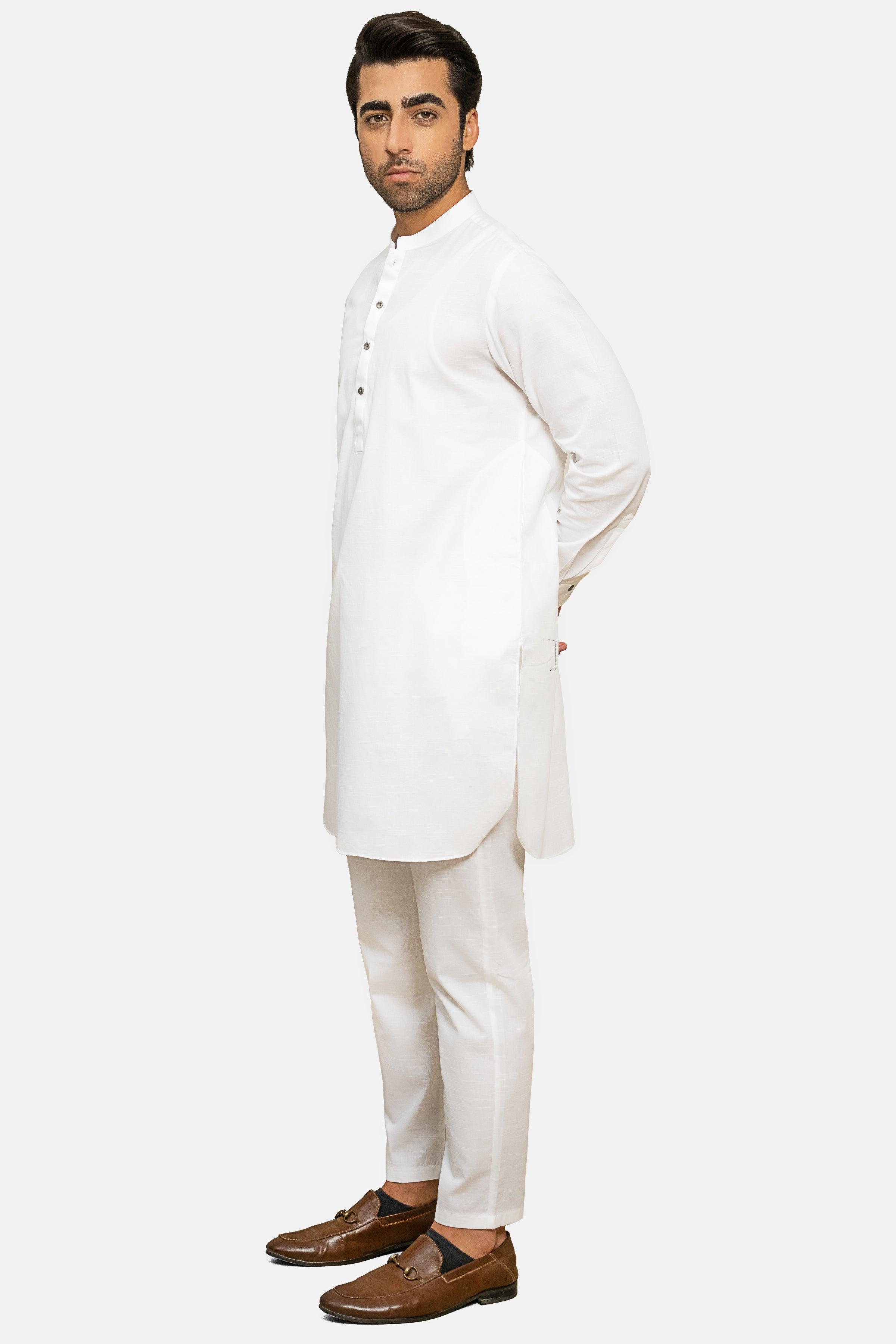 White textured kurta pajama set, side view of long kurta and slim pajama pants