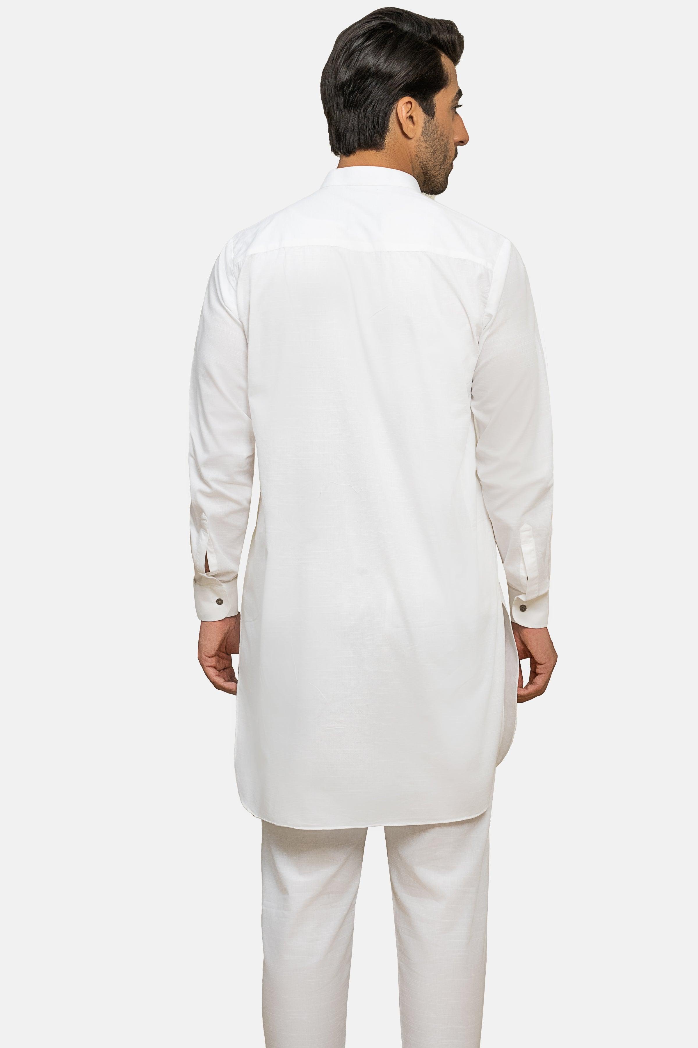 White textured kurta pajama set, back view with long straight kurta and pajama pants