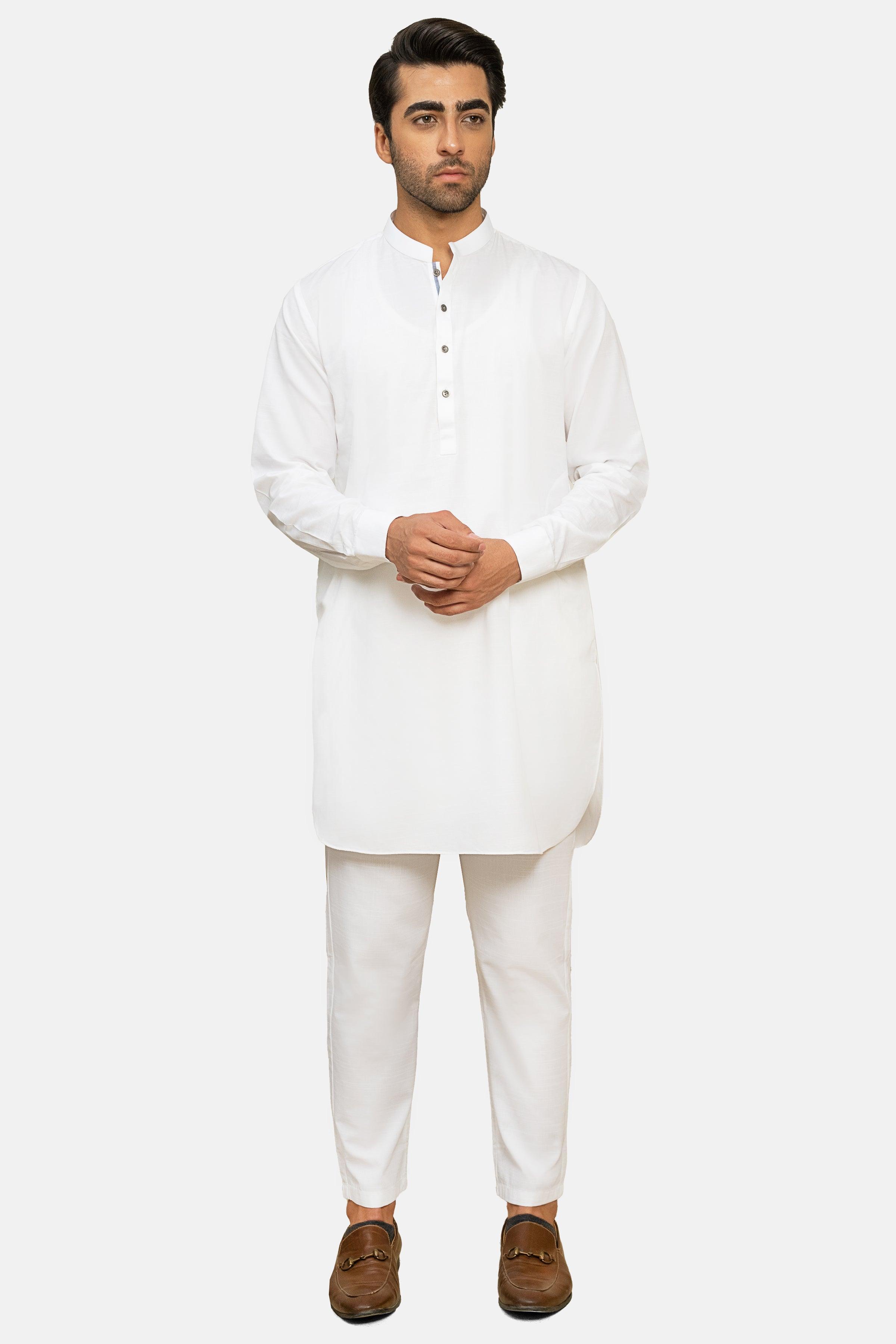 White textured kurta pajama set with long button-front kurta and matching pajama pants