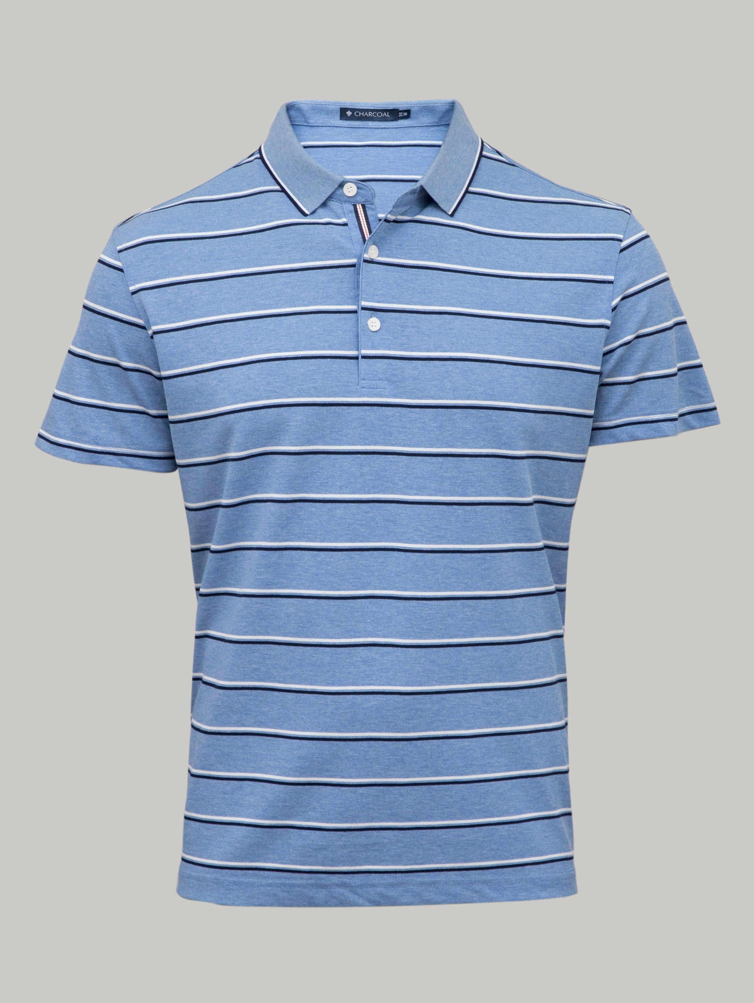 Blue striped polo t-shirt with button placket and short sleeves.