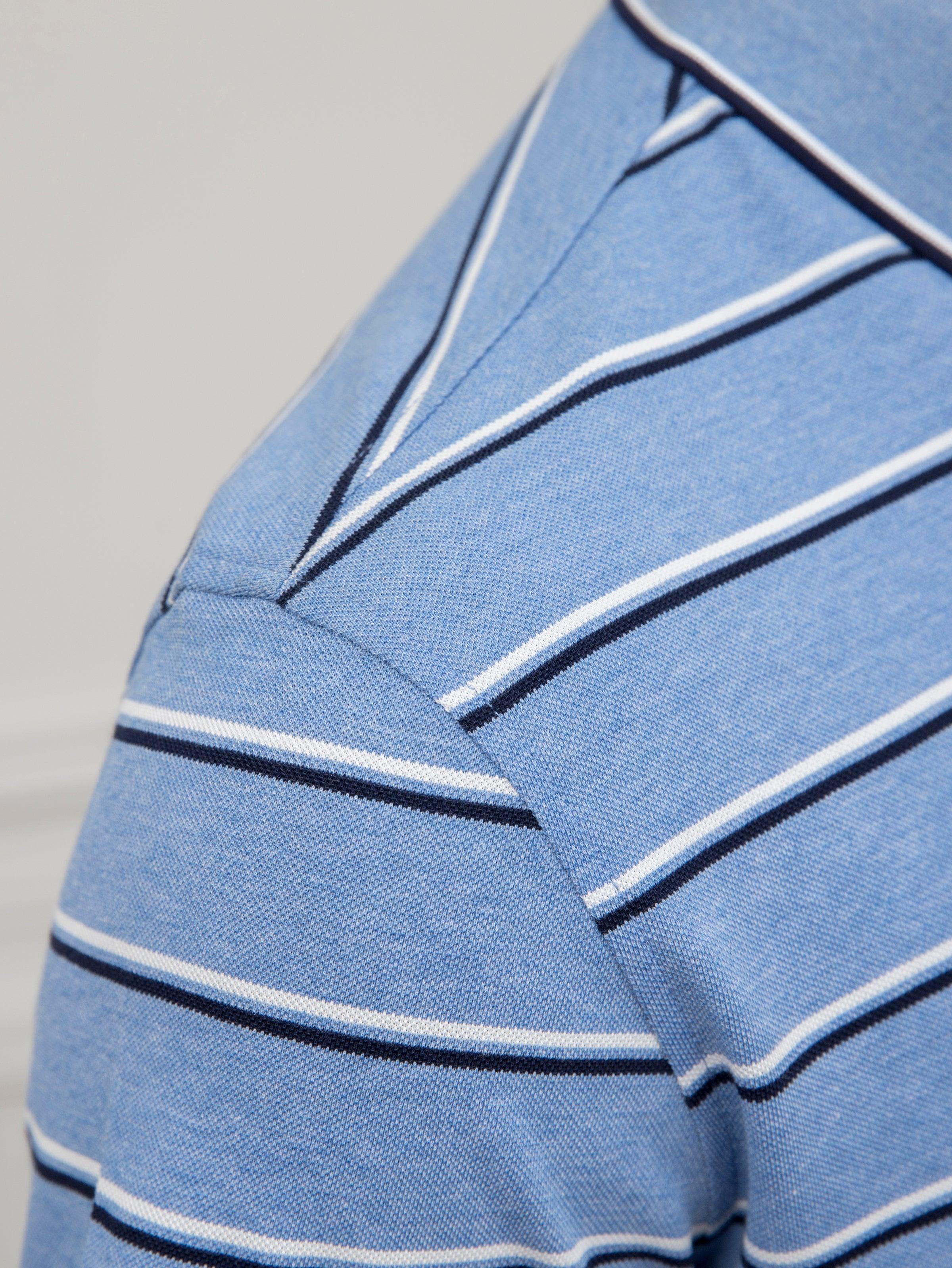 Blue striped polo t-shirt, partial collar and neckline detail.