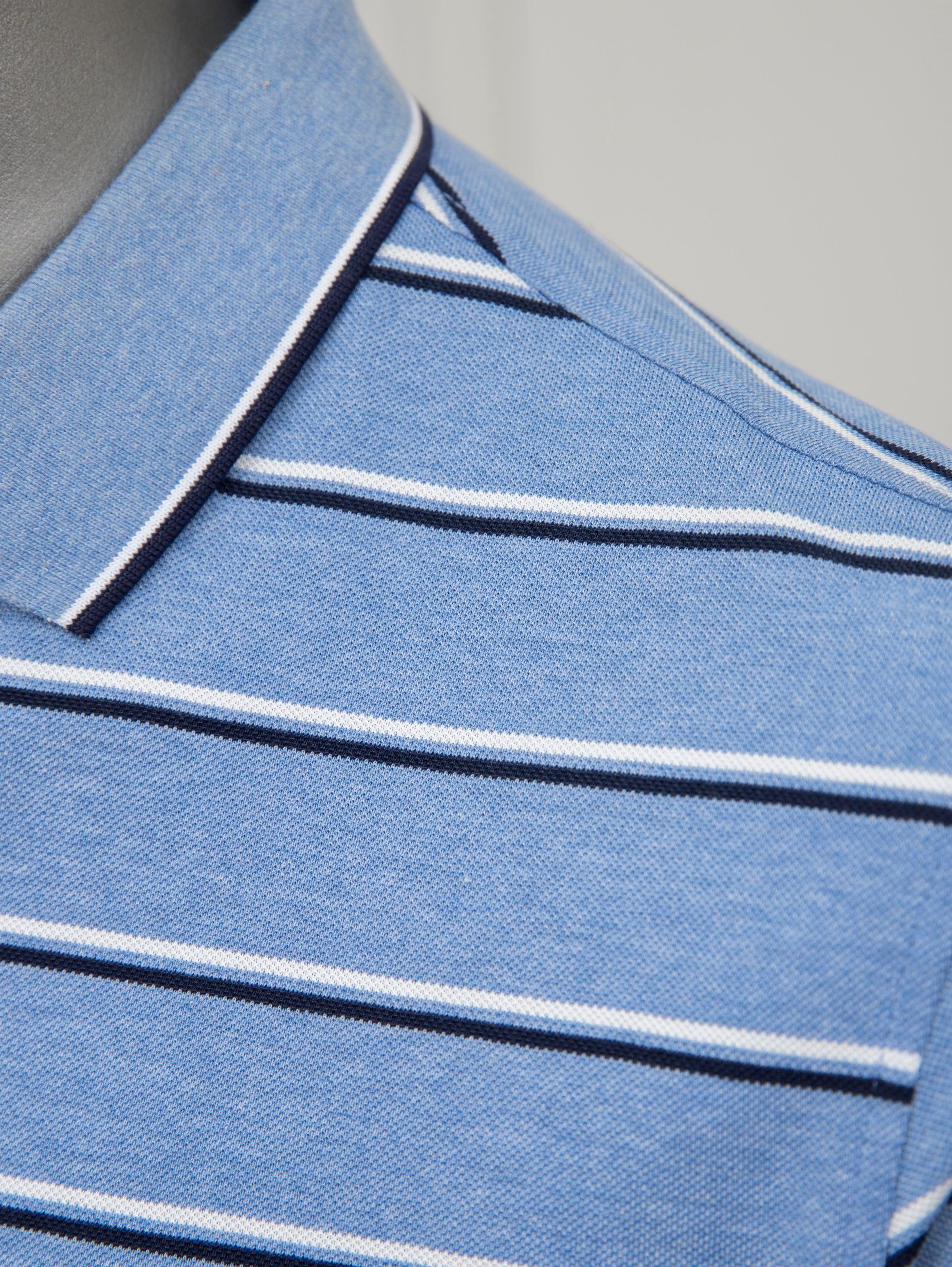 Blue striped polo t-shirt placket and horizontal stripe seam detail.