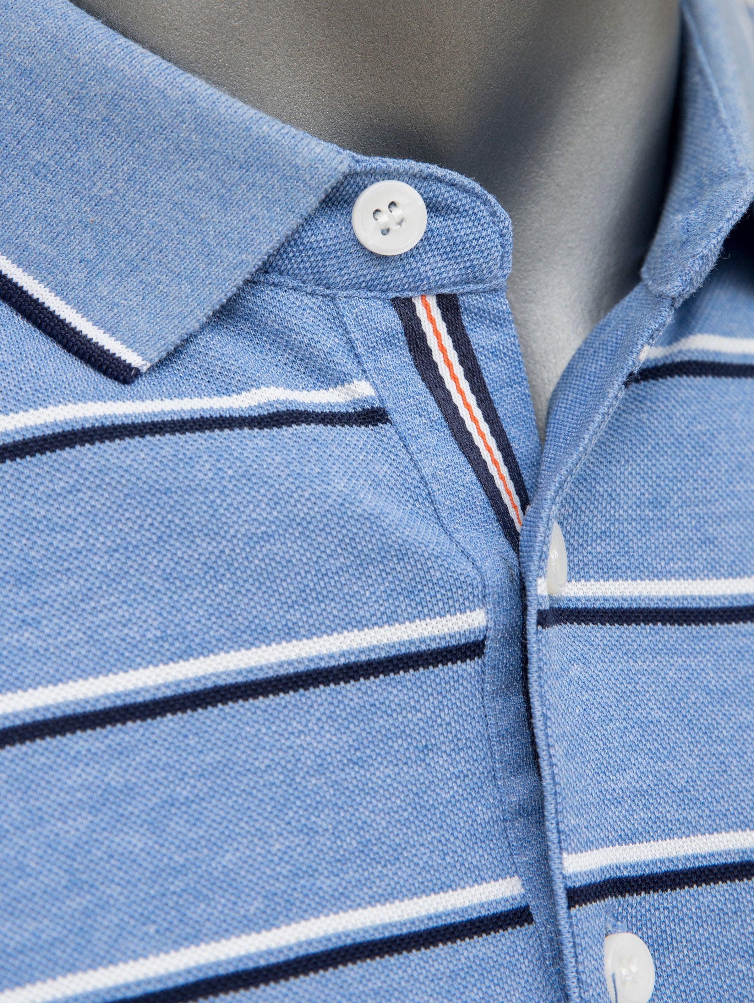 Blue polo t-shirt collar with white button and multicolor trim.