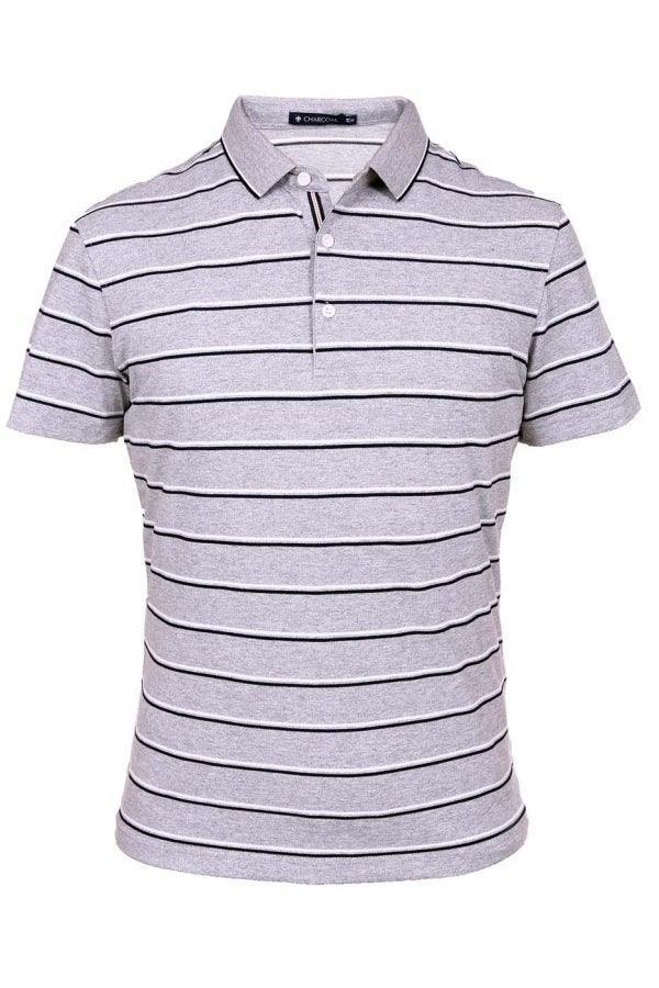 Men's grey striped polo T-shirt with short sleeves, ribbed collar and button placket