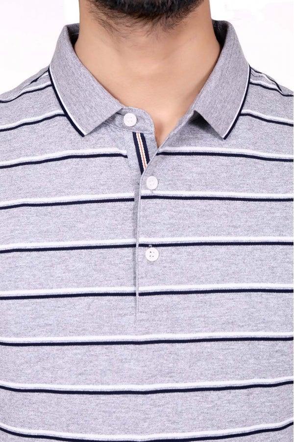 Grey striped polo T-shirt with pointed collar and front button placket, chest close-up