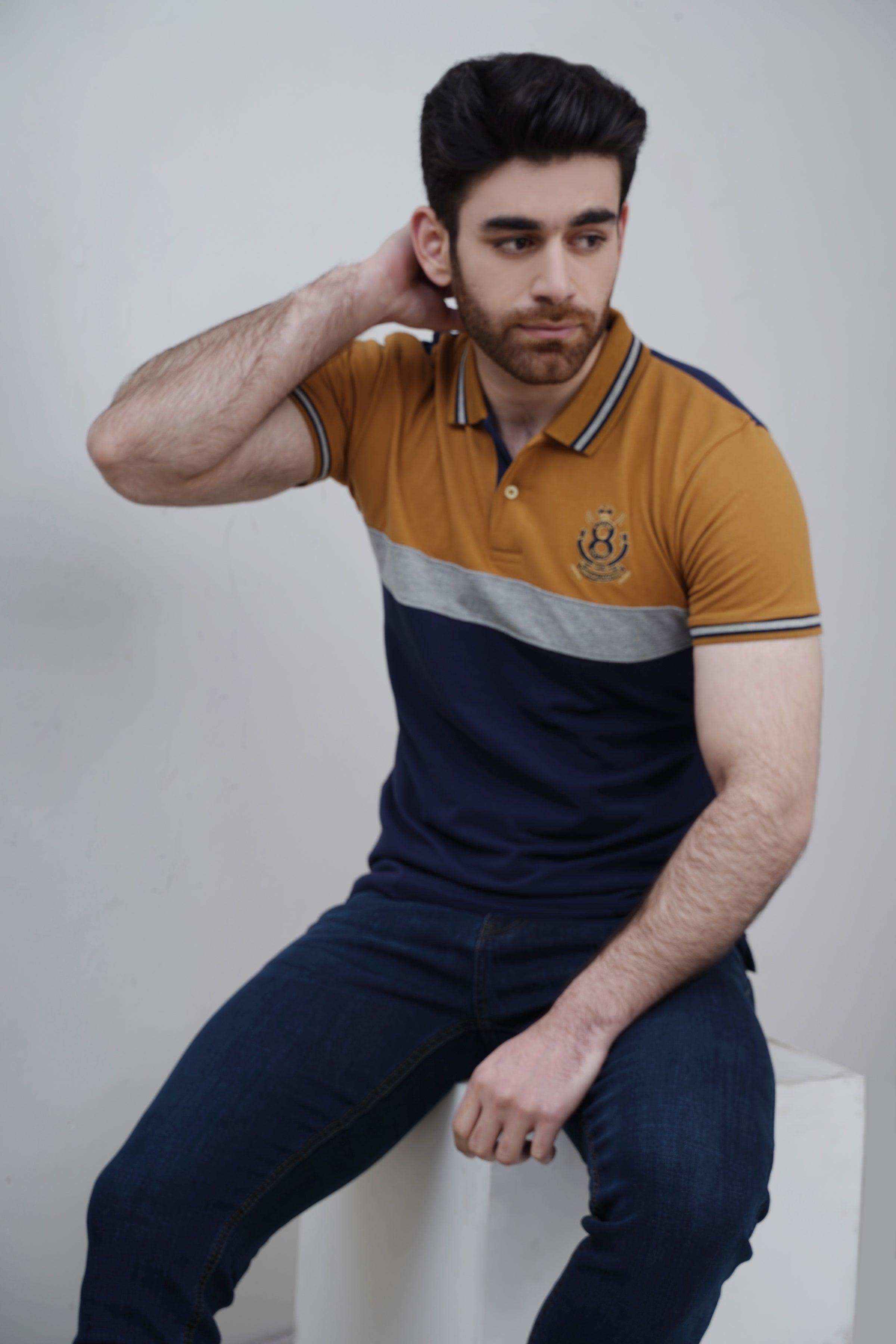 FASHION POLO NAVY MUSTARD at Charcoal Clothing