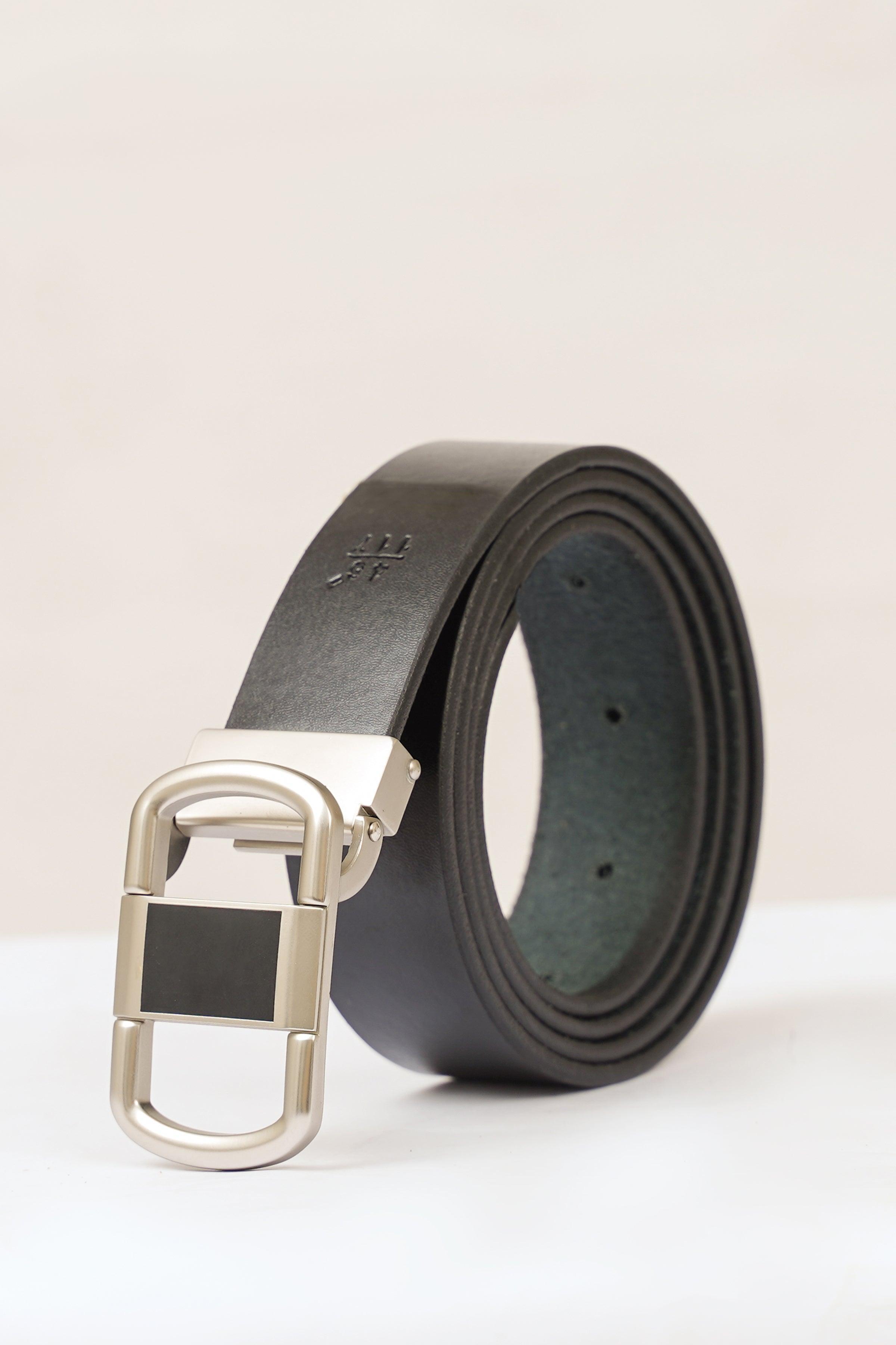 Dark leather formal belt with silver buckle and stitched edge