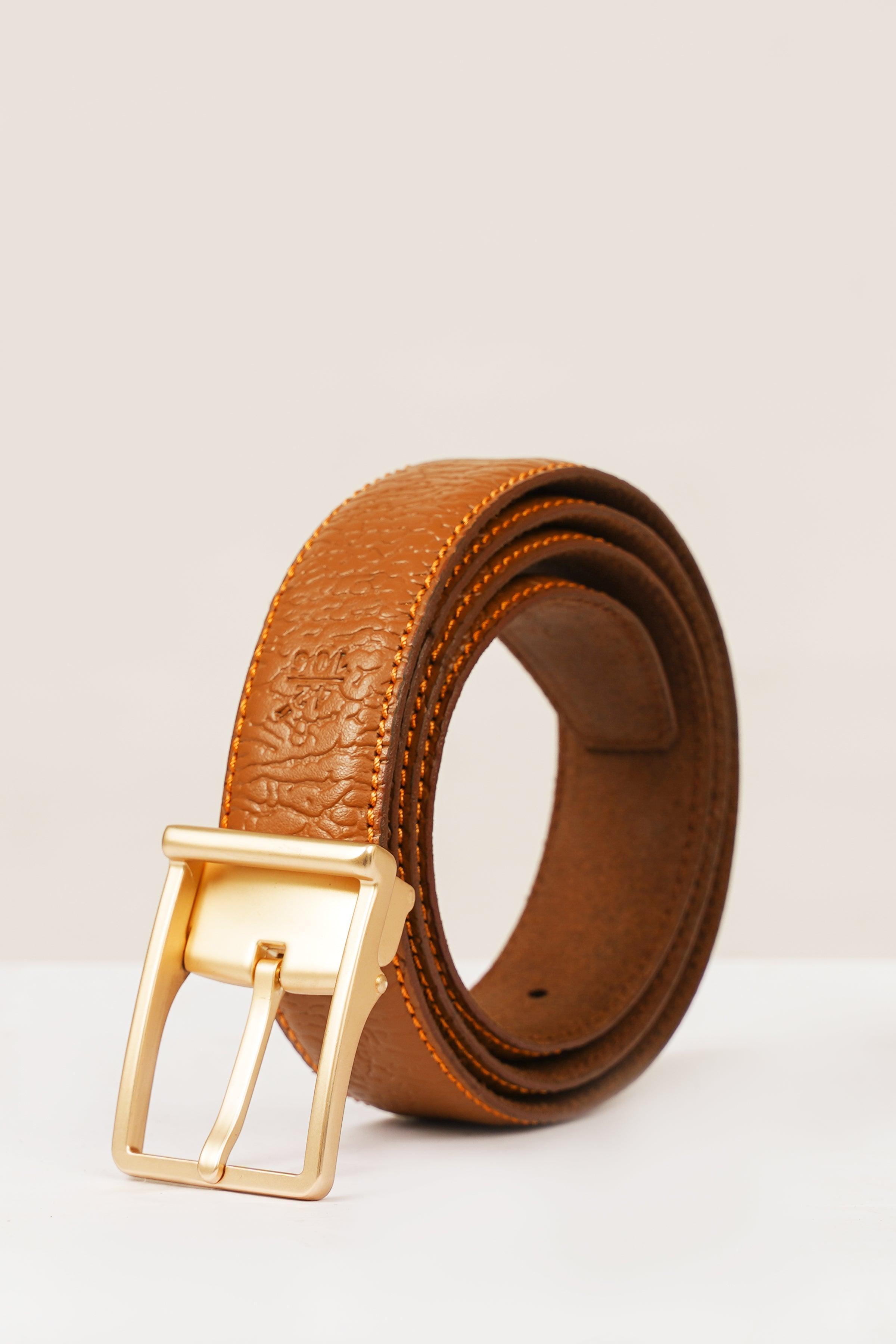 Brown leather formal belt with gold-tone buckle and textured finish