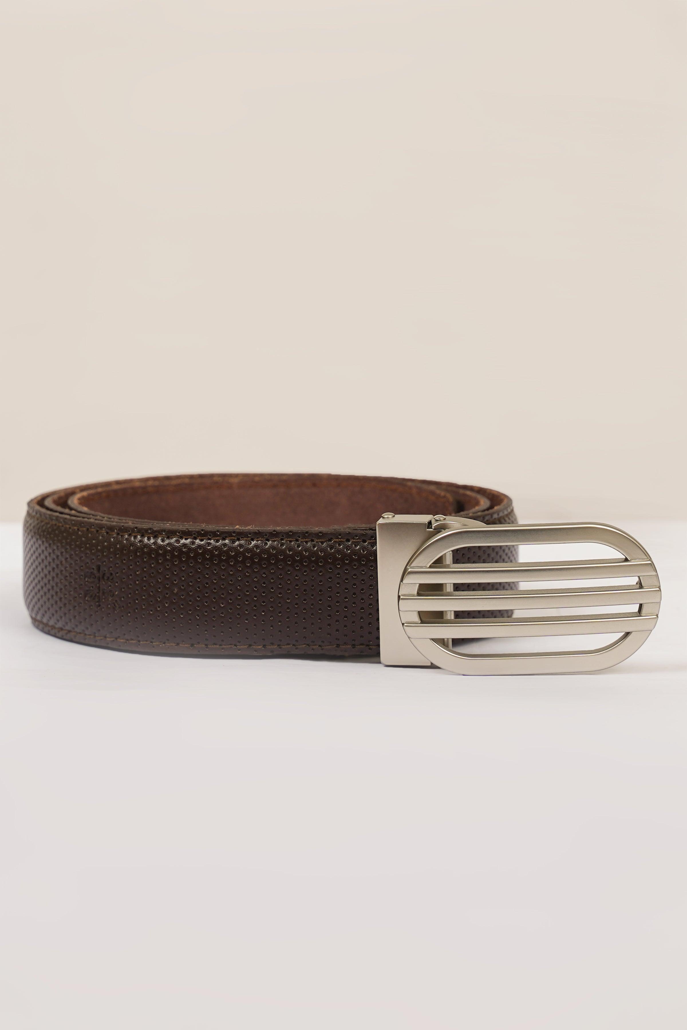 Dark brown belt with silver oval ribbed buckle