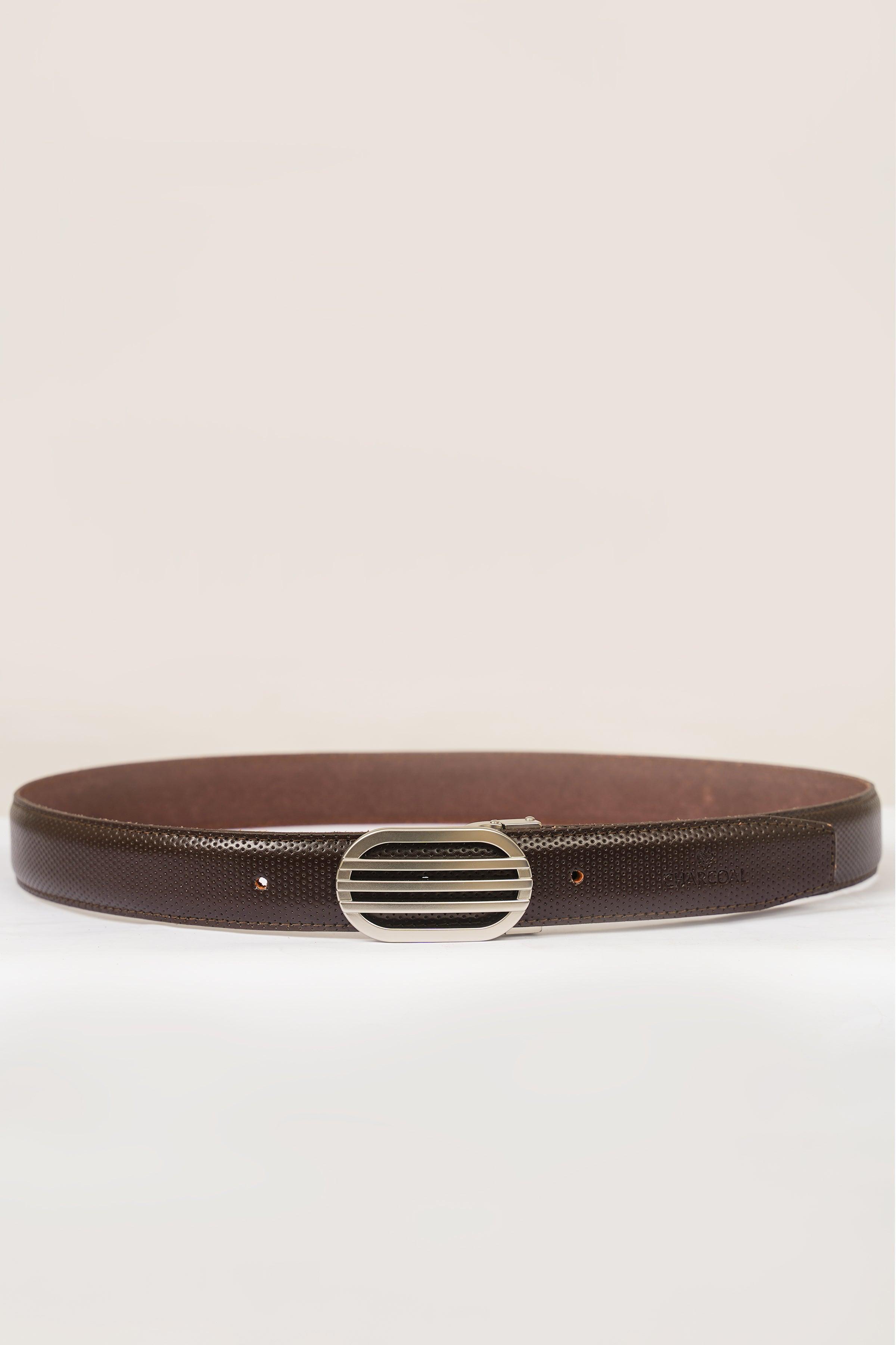 Brown belt with oval silver buckle and adjustment holes